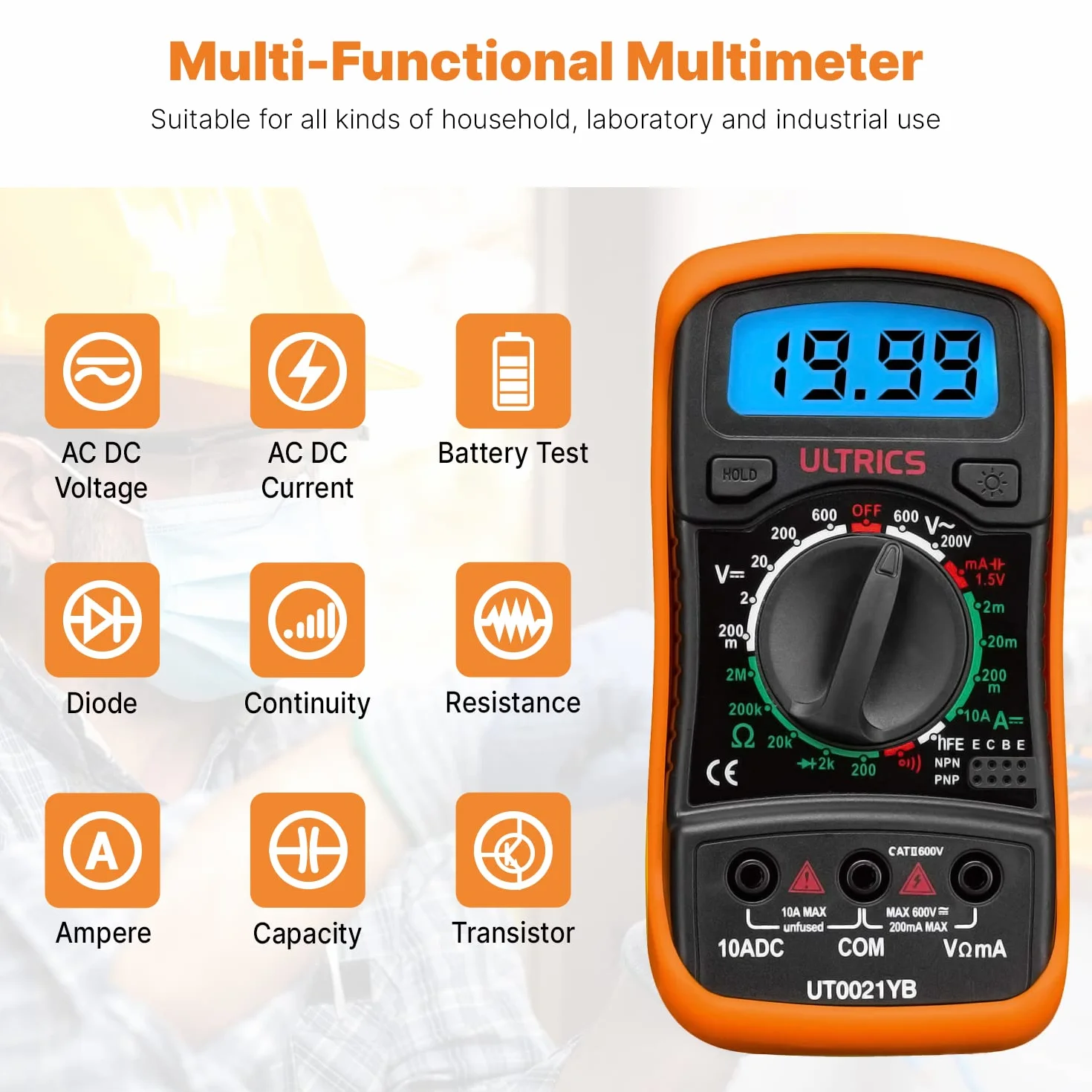 ULTRICS Multimetr Cyfrowy tester ciągłości, Automatyczn Multitester z Wyświetlacz LCD, Woltomierz z Podwójnymi Bezpiecznikami Przenośny Multimetr Mierzy OHM AC/DC Rezystancj Diody Ciągłości Tranzystor