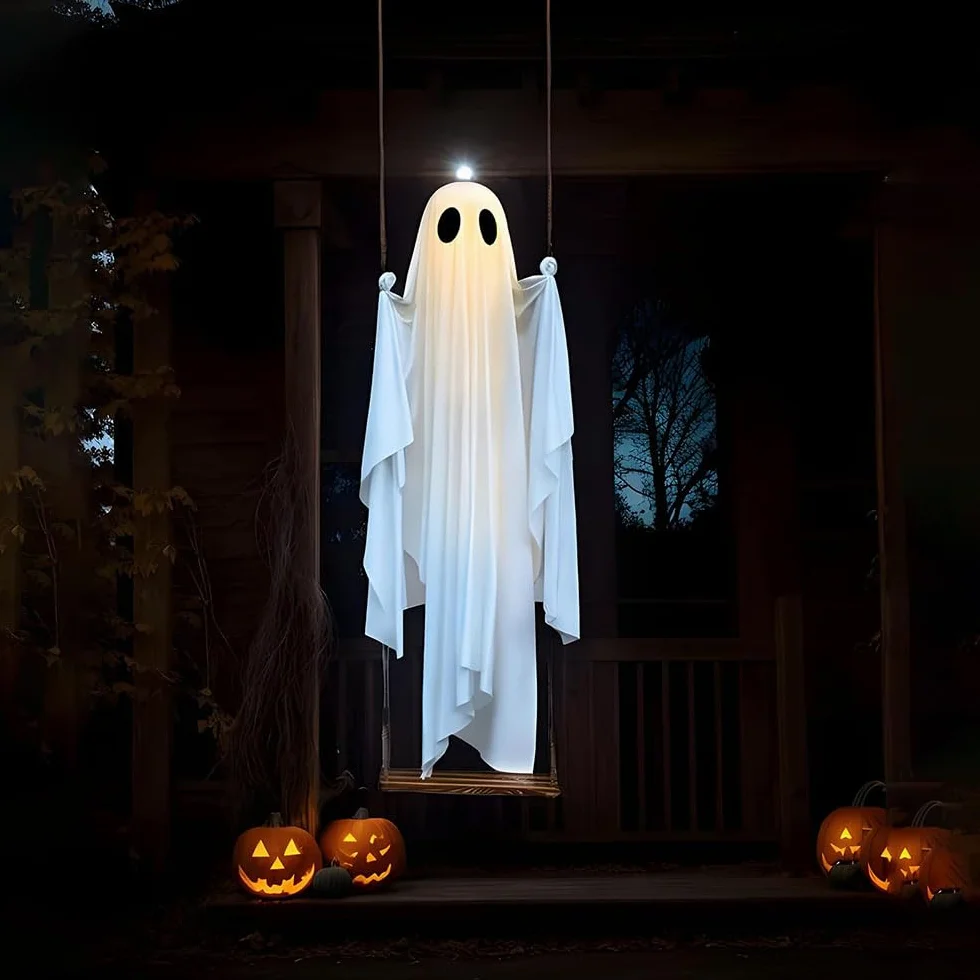 Swinging Ghost-150 cm duża wisząca huśtawka duch dekoracja na Halloween ze sznurkami świetlnymi - upiorne urocze duchy, dekoracje na przedni, ganek, podwórko, drzewo (z pilotem zdalnego sterowania)