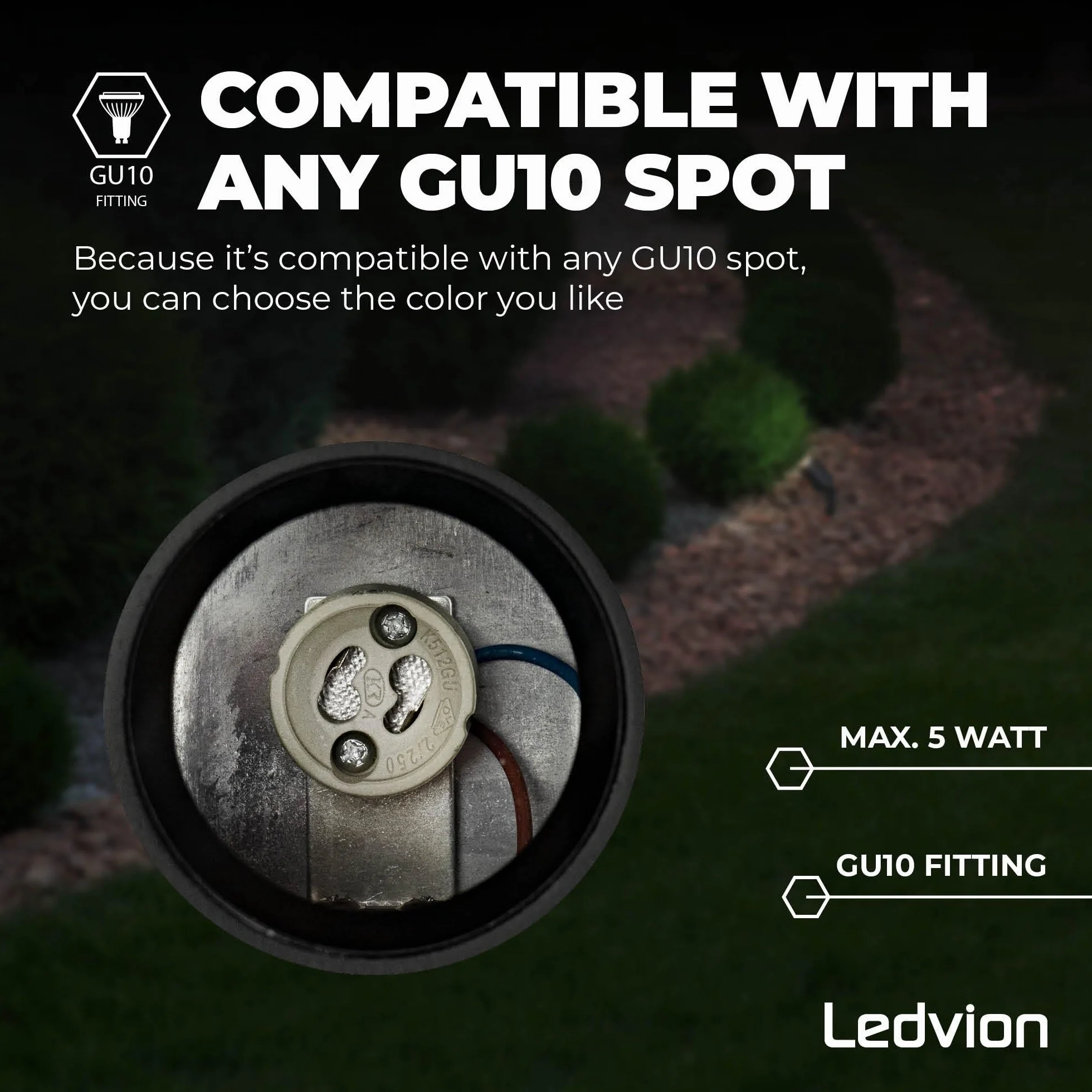 Ledvion - Reflektor LED na podłogę, kolor czarny, aluminium, IP65, mocowanie GU10, kabel 2 m z wtyczką, reflektor LED Pin Spot, reflektor ogrodowy