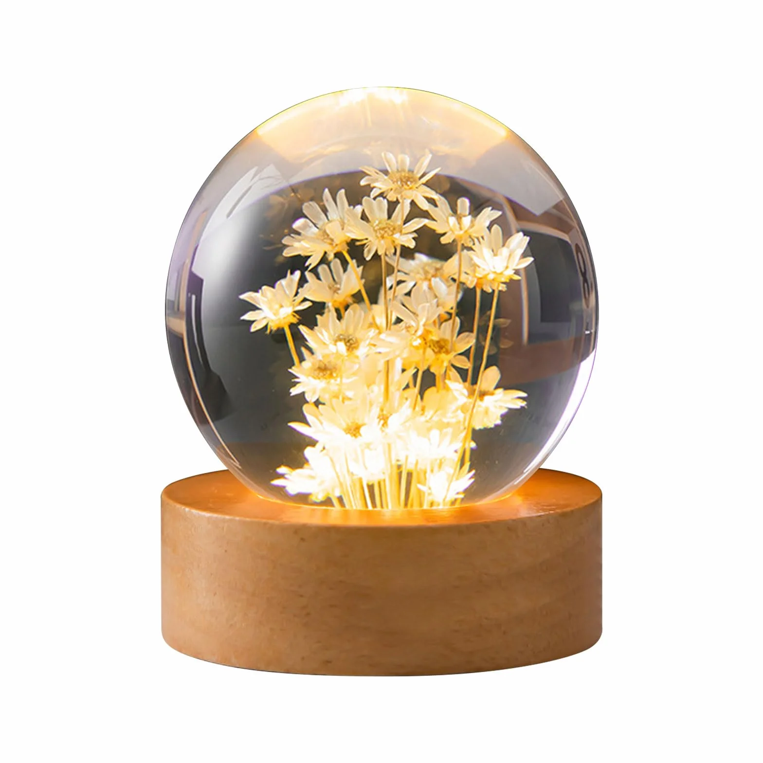 Kryształowa kula nocna, 6 cm, szklana kula z drewnem z podstawą LED, ładowanie USB, lampka nocna ze stojakiem (żółte stokrotki)