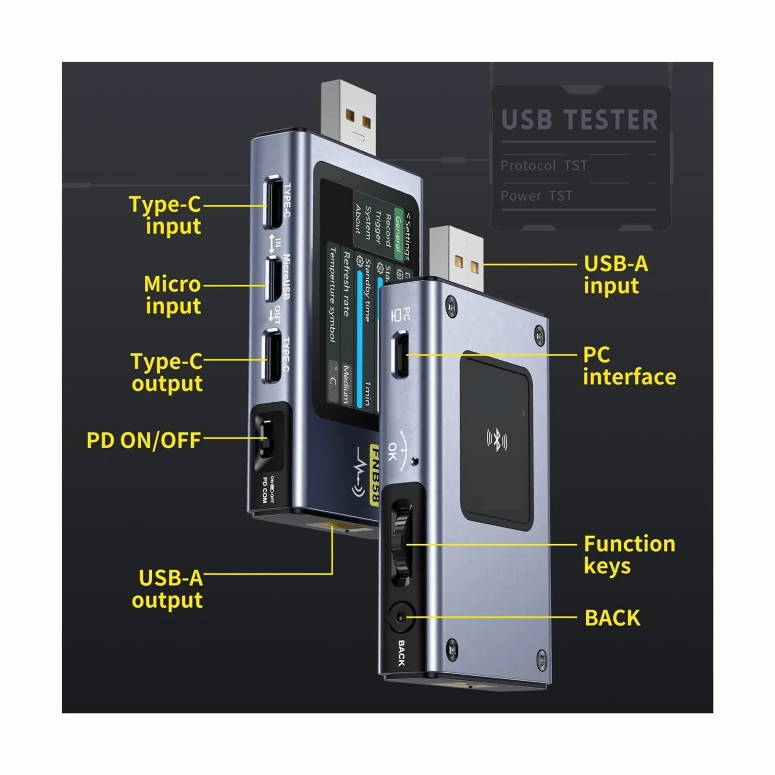 Multimetr, FNB58 Woltomierz cyfrowy Amperomierz Woltomierz prądu Tester USB Wskaźnik napięcia Profesjonalne narzędzia dla elektryków(Without Bluetooth)
