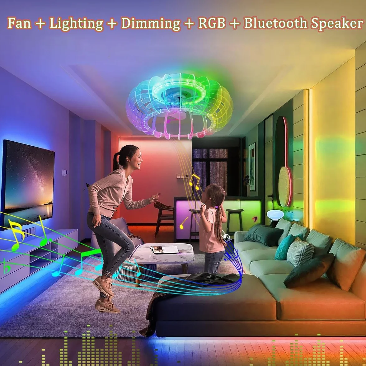 Cichy wentylator sufitowy RGB z oświetleniem LED, lampa sufitowa z wentylatorem i pilotem zdalnego sterowania, ściemniana, lampa do pokoju dziecięcego z głośnikiem Bluetooth, muzyka, lampa sufitowa
