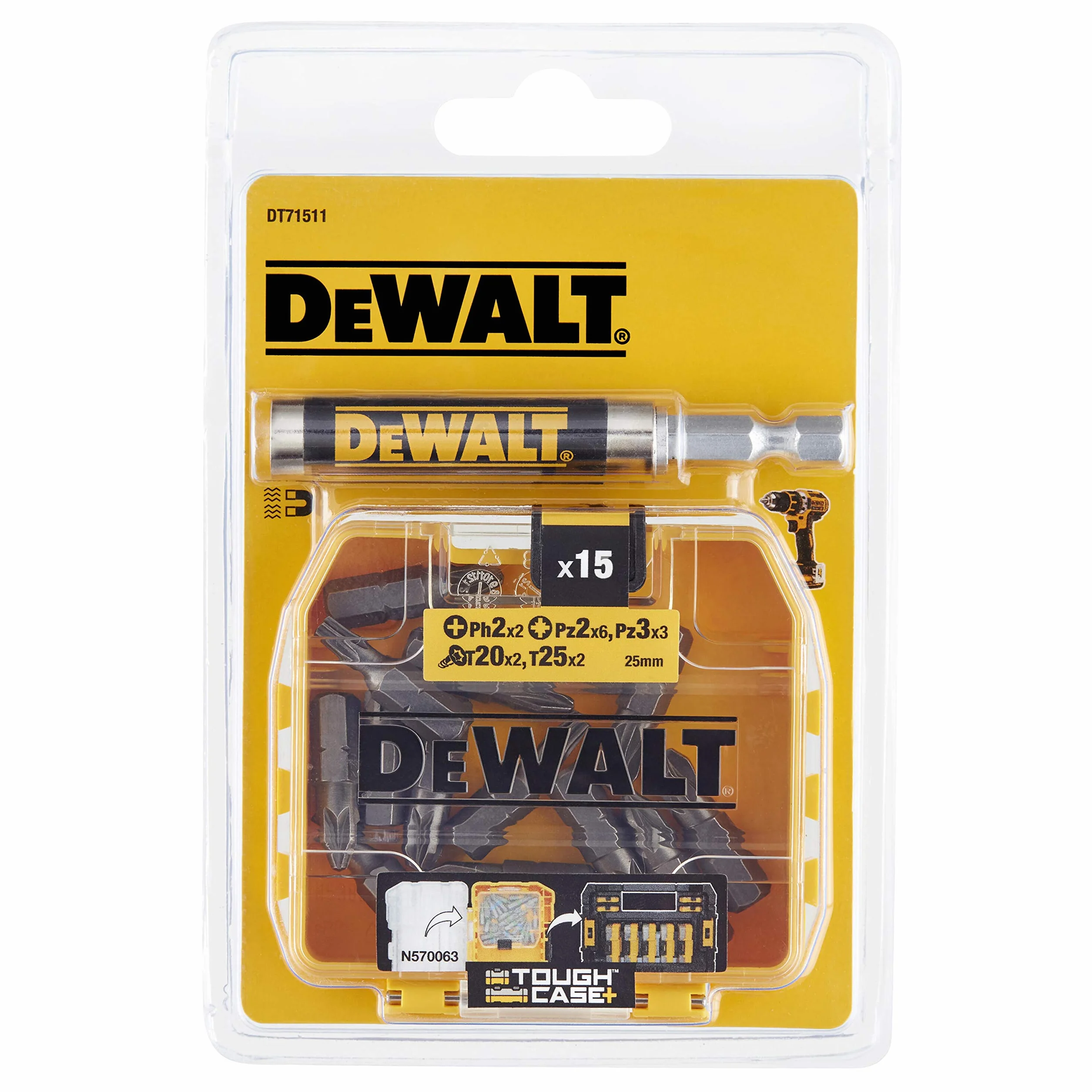 DeWalt DT71511-QZ zestaw z 16 wkładkami wkrętakowymi i wysuwanym uchwytem magnetycznym, wkładki 25 mm: Ph2 x 2, Pz2 x 6, Pz3 x 3, T20 x 2, T25 x 2
