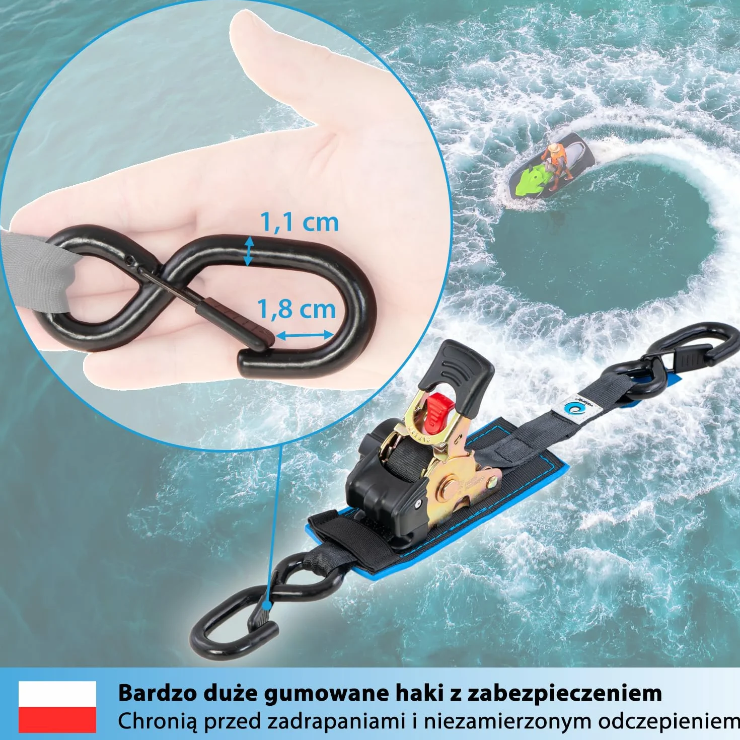 valonic RACOON - 2x 1,8m automatic ratchet tension strap, 25mm, 300/600 Kg, wyściełany, EN-12195-2 - z grzechotką, czarny, pasek napinający do motocykli