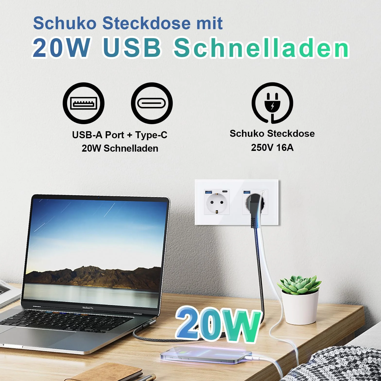 CNBINGO Podwójne szklane gniazdko z portami USB (typ C i typ A, szybkie ładowanie 20 W), gniazdko podtynkowe w kolorze białym, styk ochronny, gniazdko ścienne ze szklaną ramą