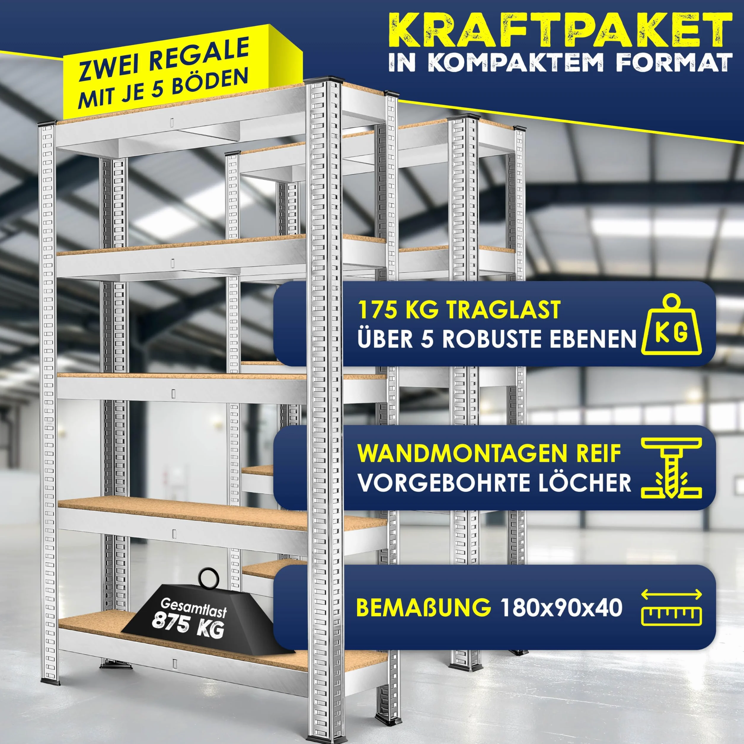 MASKO® Zestaw 2 regałów magazynowych do dużych obciążeń, regały piwniczne, nośność do 875 kg, 5 regulowanych półek, płyty MDF Regały metalowe, regały bez śrub, regały warsztatowe, piwnica, garaż
