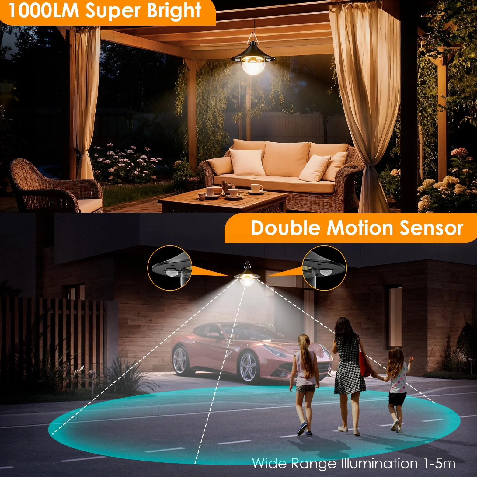 Quntis Zewnętrzna lampa solarna z pilotem zdalnego sterowania i żarówka E27, wodoodporna zewnętrzna lampa solarna IP65 z czujnikiem ruchu, 5 trybów, 2700K-6500K, 80 diod LED do pergoli ogrodowej