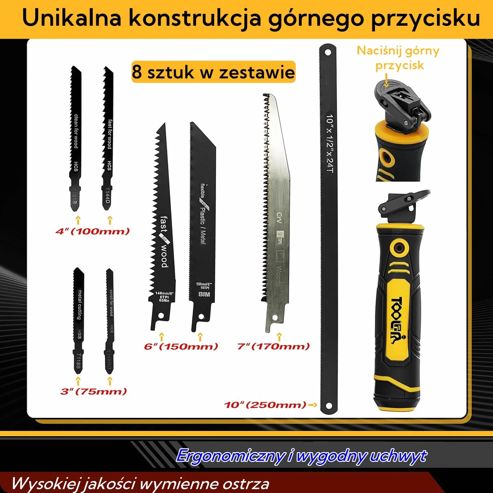 Magicbox Piła do Metalu 8 w 1 z Wymiennymi Ostrzami - System Samoblokujący & Ergonomiczny Uchwyt - Do Cięcia Metalu, Drewna, Płyty G-K, Plastiku
