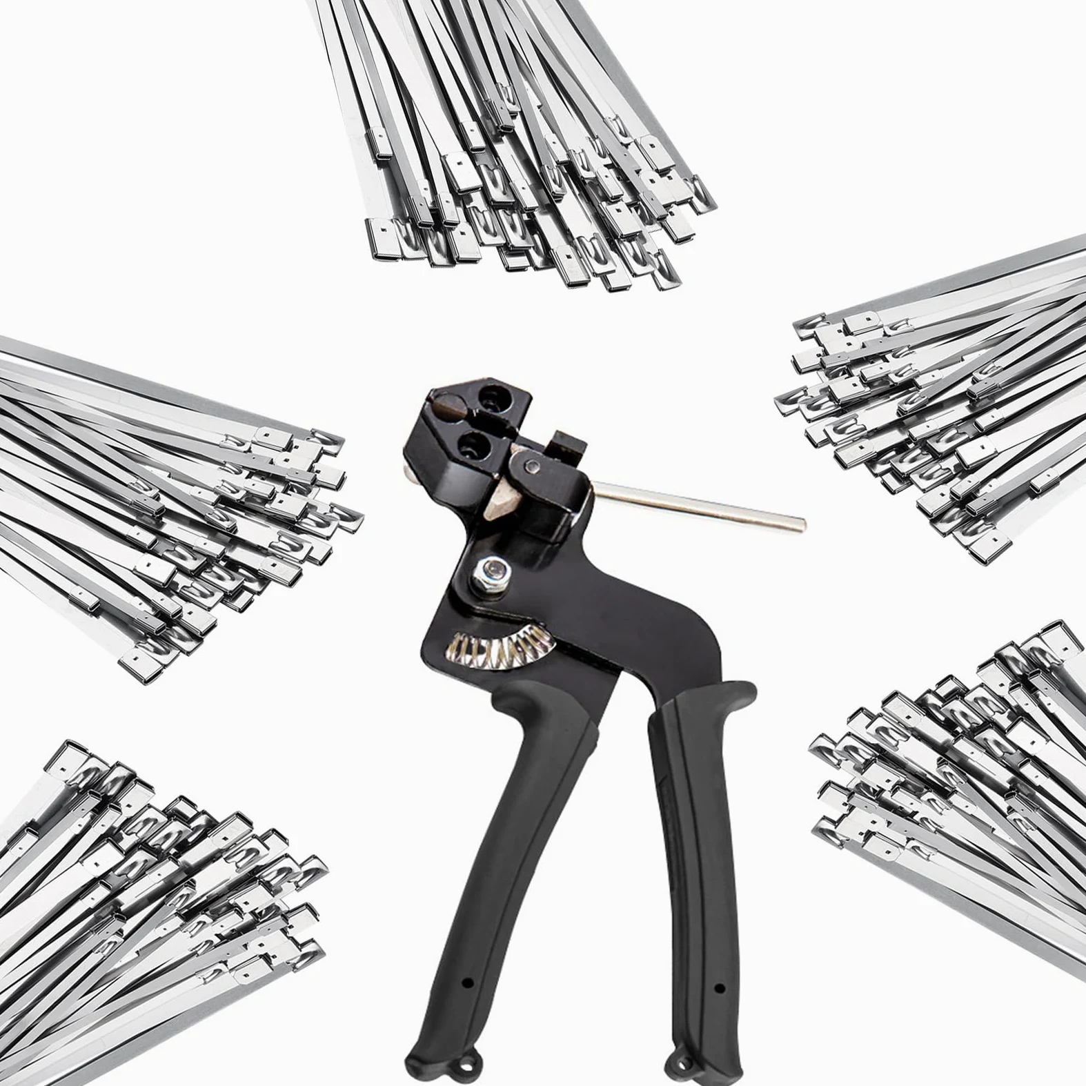 500 szt. zestaw metalowych pistoletów do owijania krawatów, pistolet do opasek kablowych ze stali nierdzewnej, regulowane narzędzie do napinania, narzędzie do cięcia kabli z 500 szt. 304