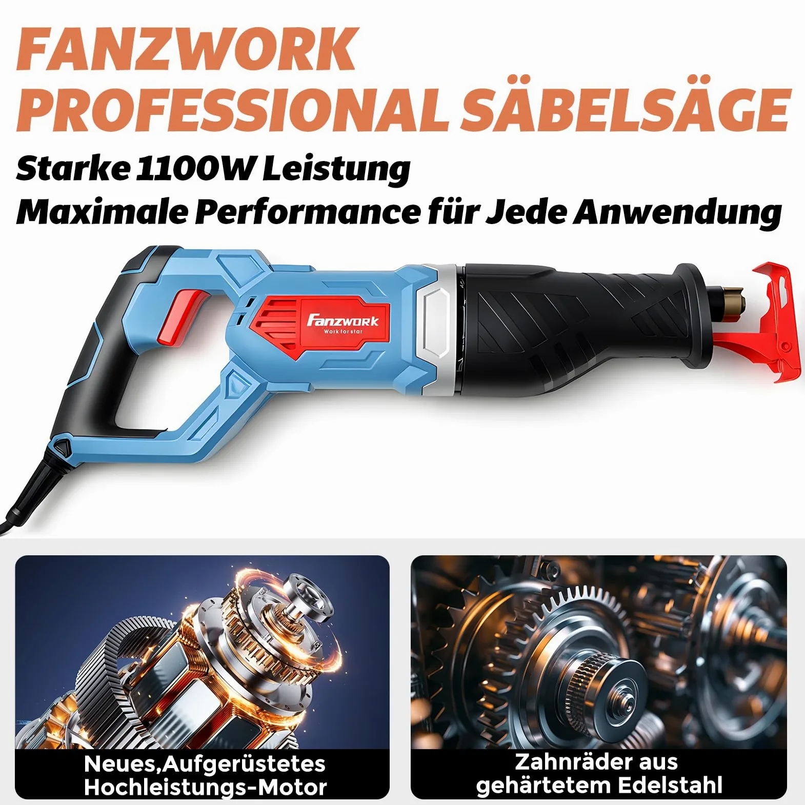 FANZWORK elektryczna piła szablasta 1100 W, 0-2500 spm, LED, w zestawie brzeszczot z kablem 4 m, do drewna, metalu i tworzyw sztucznych, bez użycia narzędzi