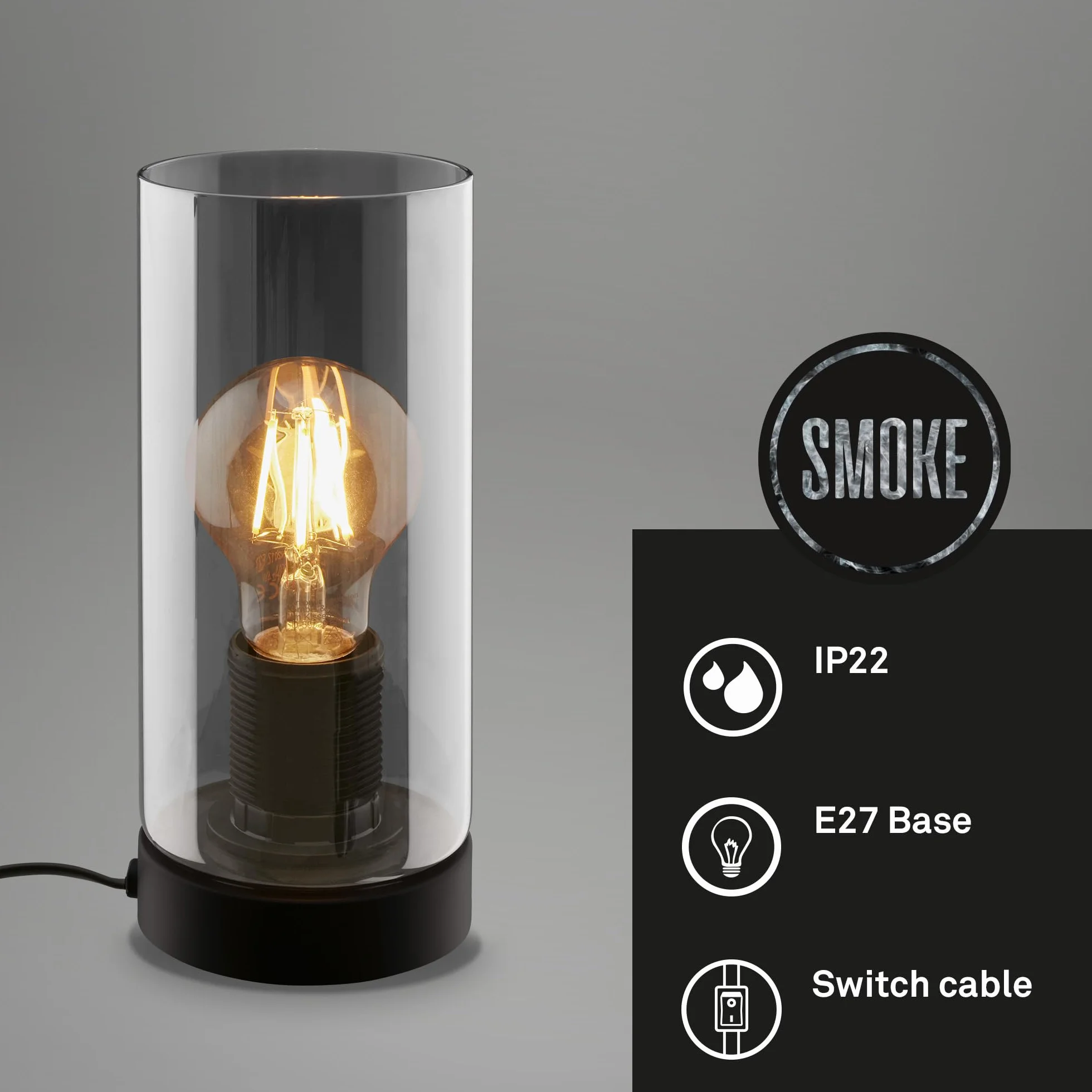 BRILONER - Lampka nocna, szkło dymne, przełącznik przewodowy lampa biurkowa, lampa stołowa E27 do domowego biura, lampka do czytania, czarna