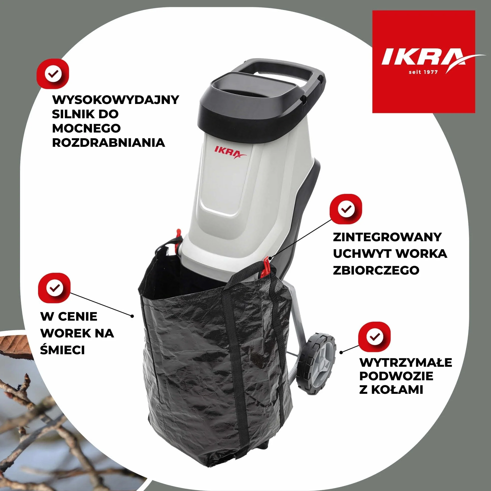 IKRA rozdrabniacz ogrodowy elektryczna IMH 2800, z workiem o pojemności 45 l, 2800 W, z 2 zapasowymi odwracalnymi ostrzami i okularami ochronnymi