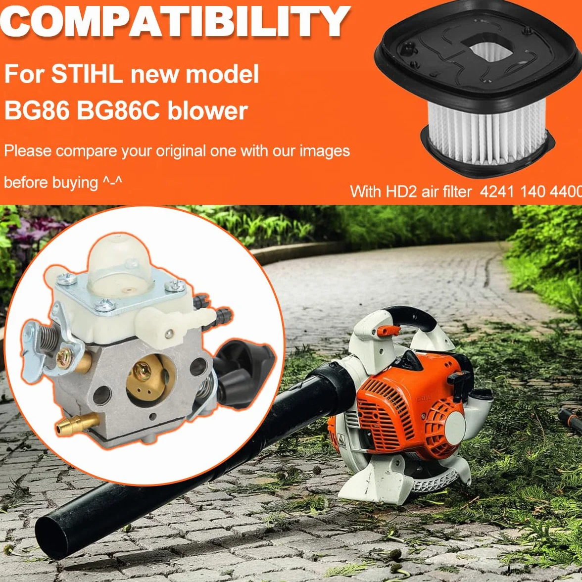 ZAMDOE Gaźnik BG86 do dmuchawy liściowej Stihl BG86C, silnik dmuchawy liści, 4241 120 0623, 4241 120 0616, z filtrem powietrza HD2 + świeca zapłonowa + przewód paliwa + filtr paliwa