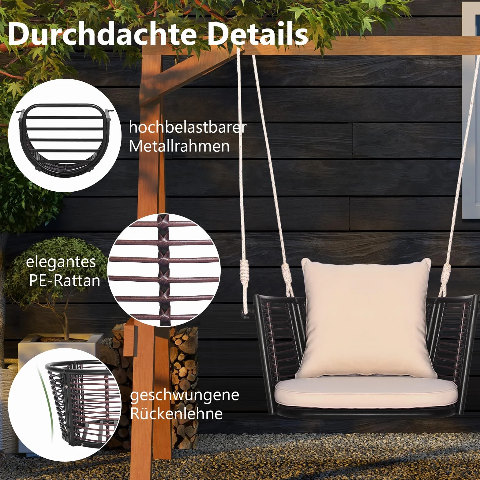 COSTWAY Fotel wiszący, obciążenie do 180 kg, fotel wiszący z poduszkami, metalową ramą i linami wiszącymi, fotel wiszący, huśtawka tarasowa, na werandę i podwórko, brązowy