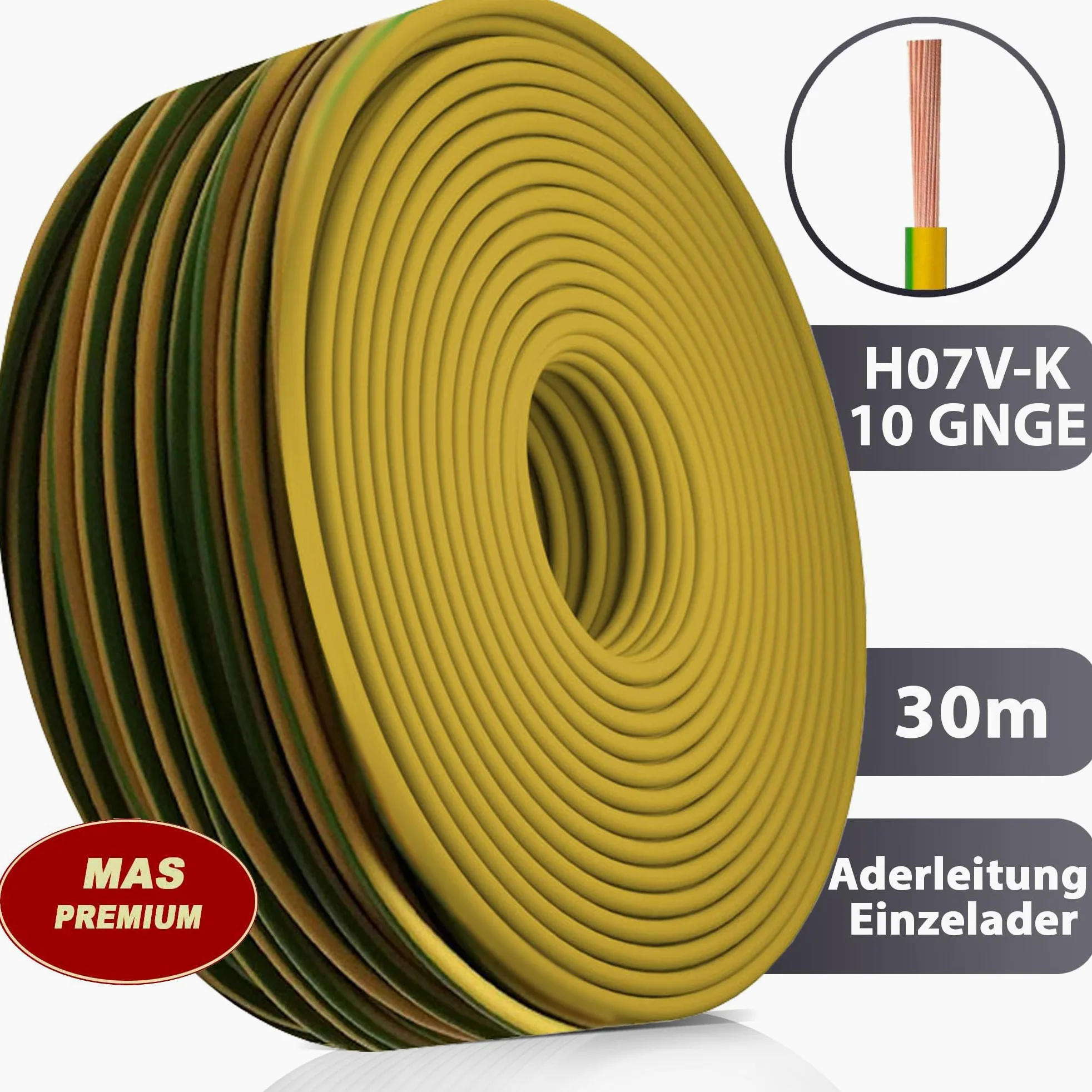 MAS Premium Przewód żyłowy od 5 do 100 m H07 V-K 10 mm², czarny, brązowy, ciemnoniebieski, zielono-żółty, jasnoniebieski lub czerwony, elastyczny (zielono-żółty, 30 m)
