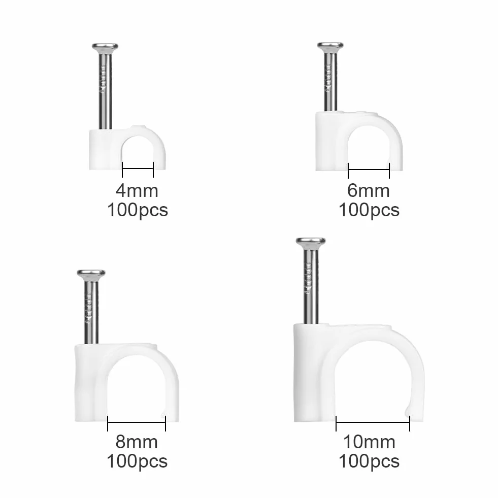 URAQT Zaciski do kabli 400 szt. Zaciski do gwoździ okrągłych uchwytów kablowych z klipsami do kabli 4 mm, 6 mm, 8 mm