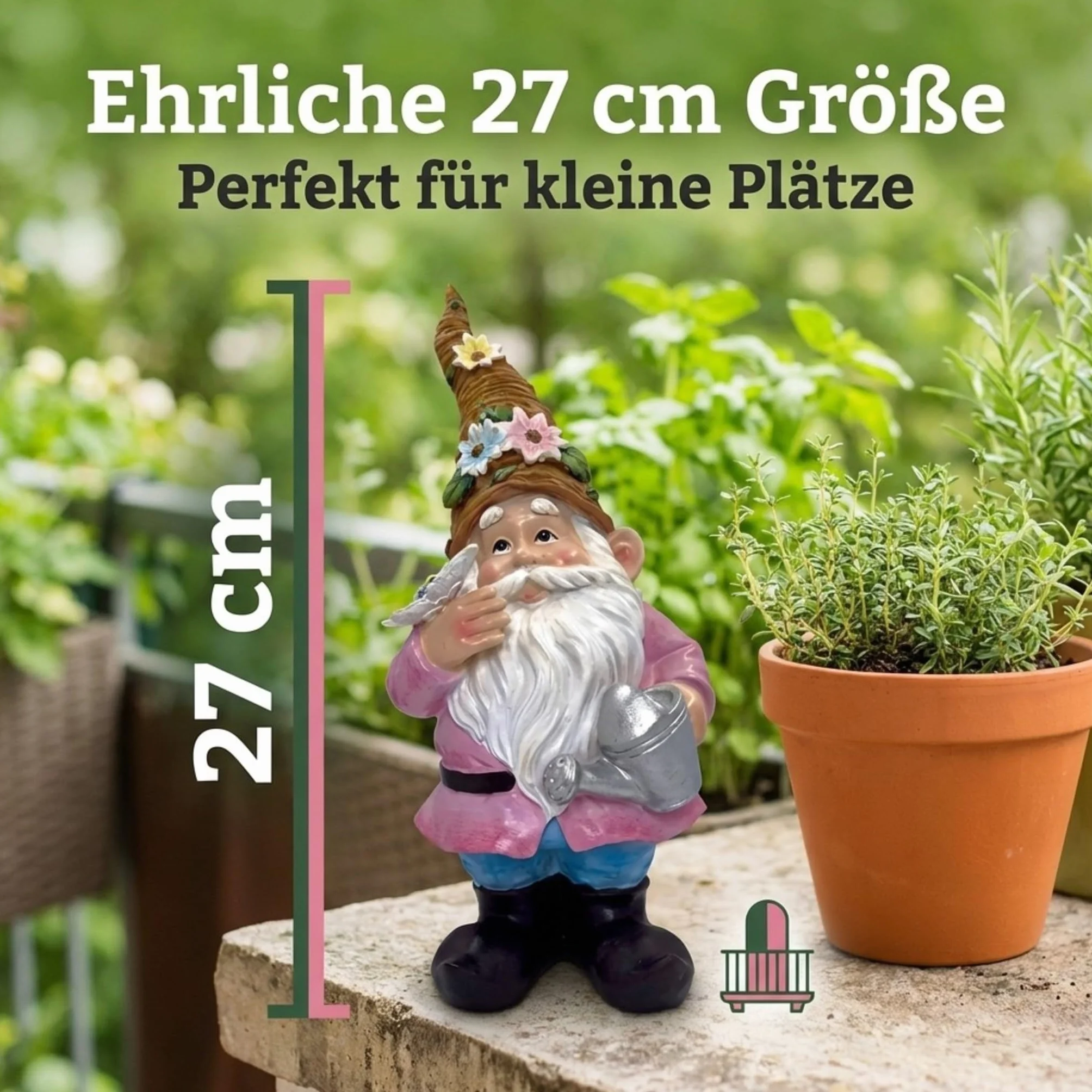 MIJOMA Krasnal ogrodowy, gnome, dekoracja ogrodowa, skrzat, krasnal, dekoracja do ogrodu, na taras, balkon (różowa kurtka, 27 cm)