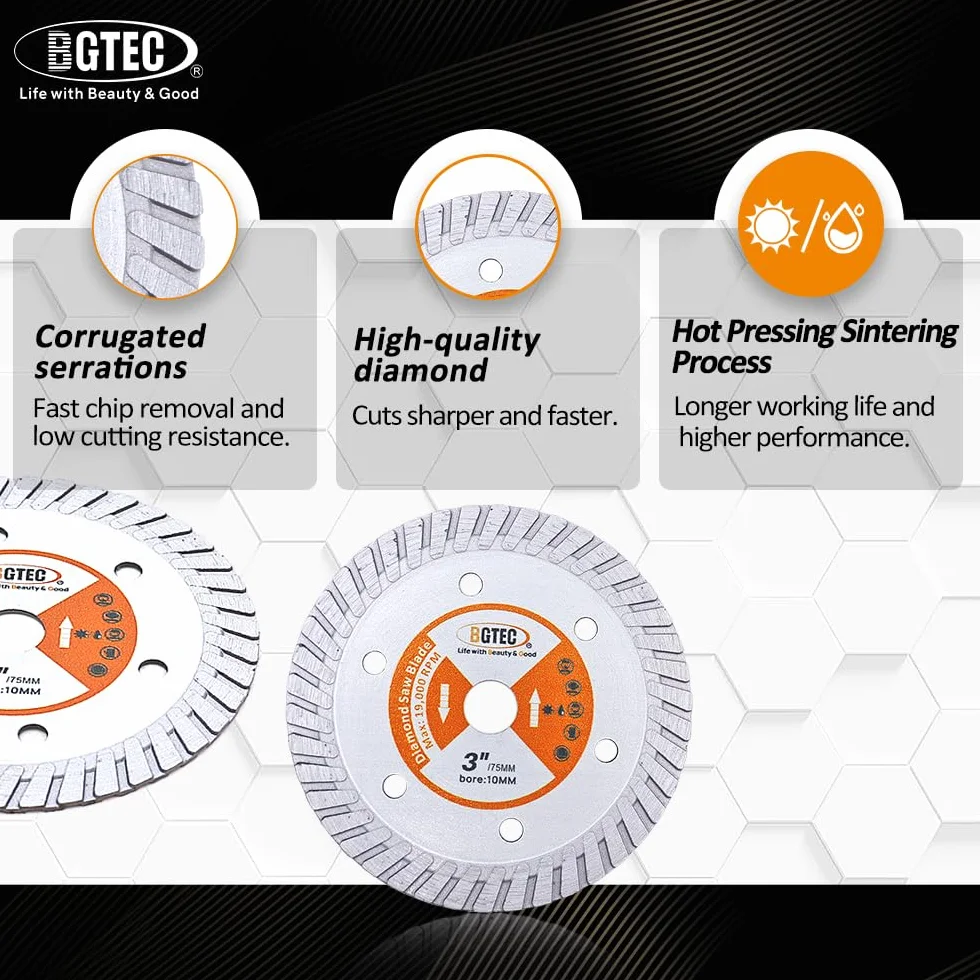 BGTEC Diamentowe ostrze turbo z granitu, 10 tarcz do cięcia 75 mm do betonu zbrojonego, sztucznych i naturalnych kamieni twardych