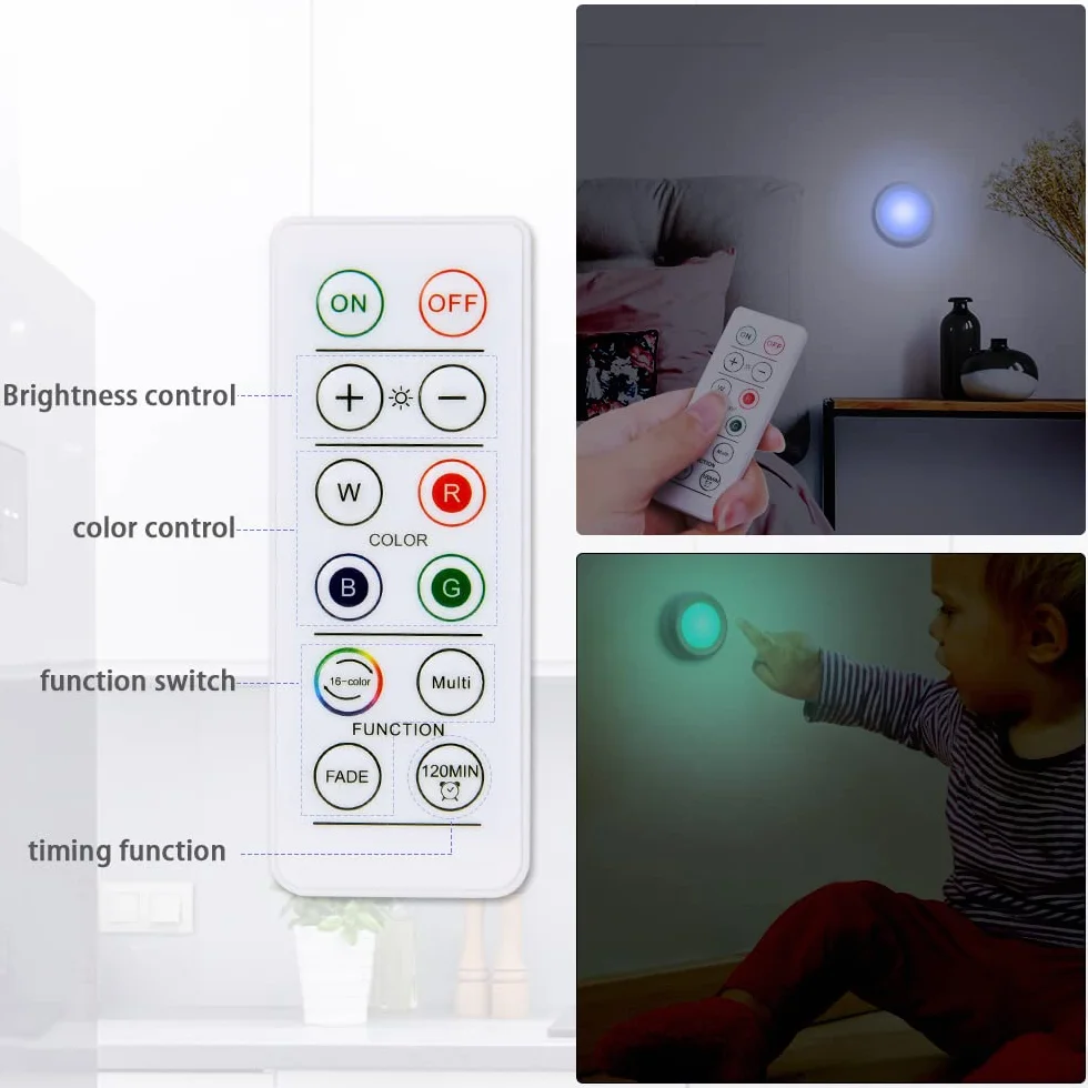 Vicloon LED Spots Zasilane bateryjnie z pilotem, 3 sztuki Oświetlenie szafki LED RGB 16 kolorów, ściemniane, z magnesem/klejem do sypialni, szaf, szafek, kuchni