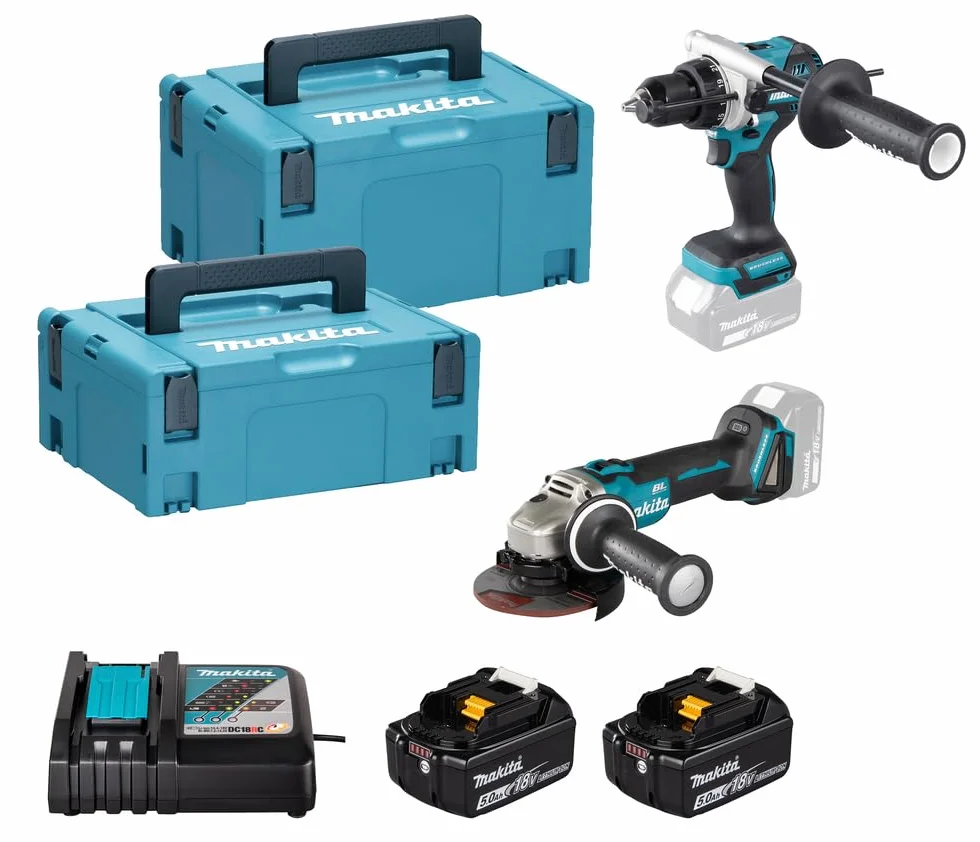 MAKITA DLX2552TJ, Zestaw Combo 18V z wiertarką DHP492 i szlifierką DGA504, 2 baterie 5,0 Ah, walizki Makpac