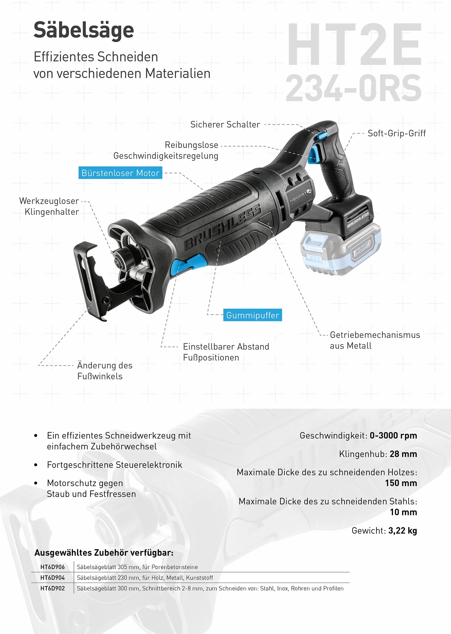 HÖGERT TECHNIK Akumulatorowa piła szablasta 18 V bezszczotkowa 0-3000 obr./min skok 28 mm