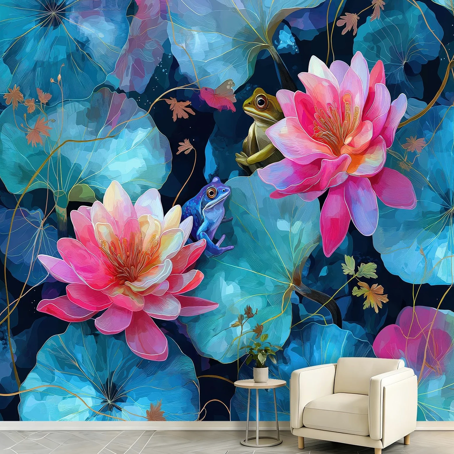Générique Tapeta ścienna do salonu - akwarela żaby zwierzęta - 350x256cm Panoramiczna tapeta z włókniny, kwiatowe lilie wodne liście lotosu dekoracja ścienna 3D gobelin zdjęcie