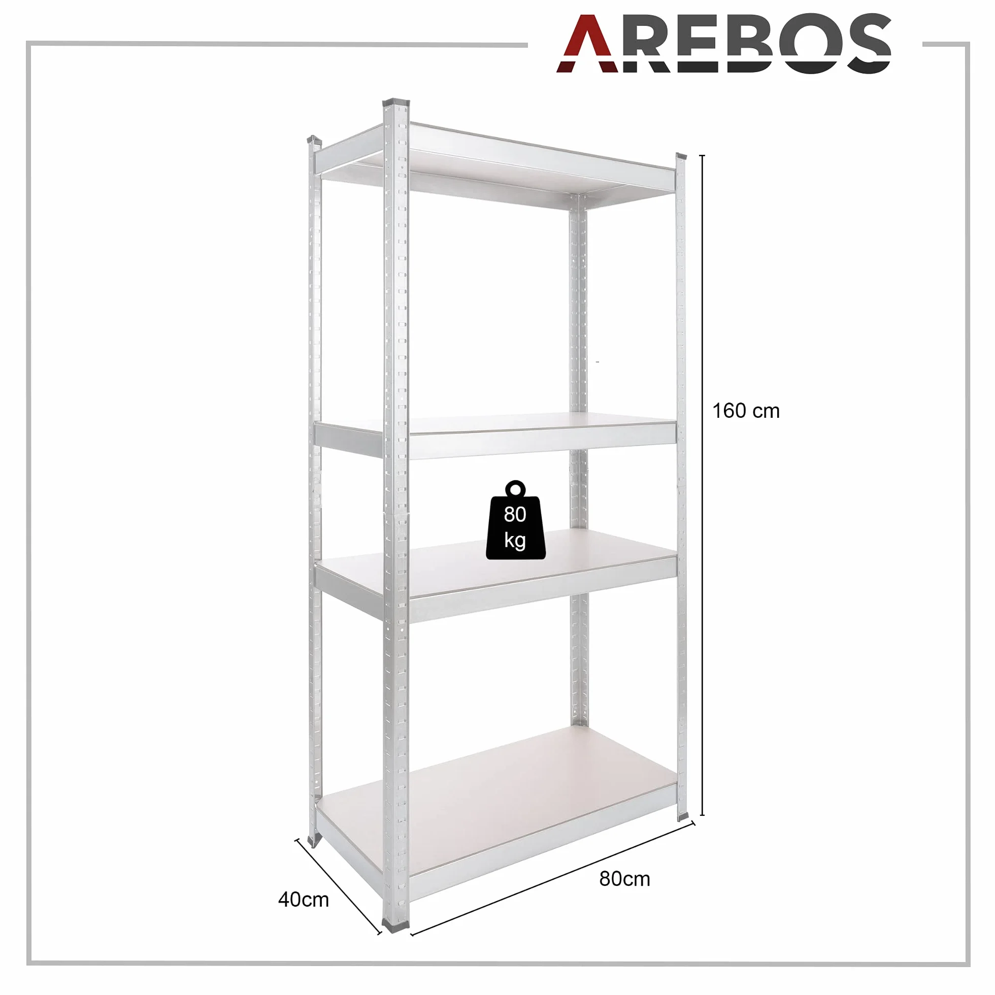 Arebos 2X Regał do dużych obciążeń | Regał do piwnicy | przechowywania | Regał bezśrubowy | 160x80x40cm | Zestaw 2 | 4 płyty MDF | 320kg