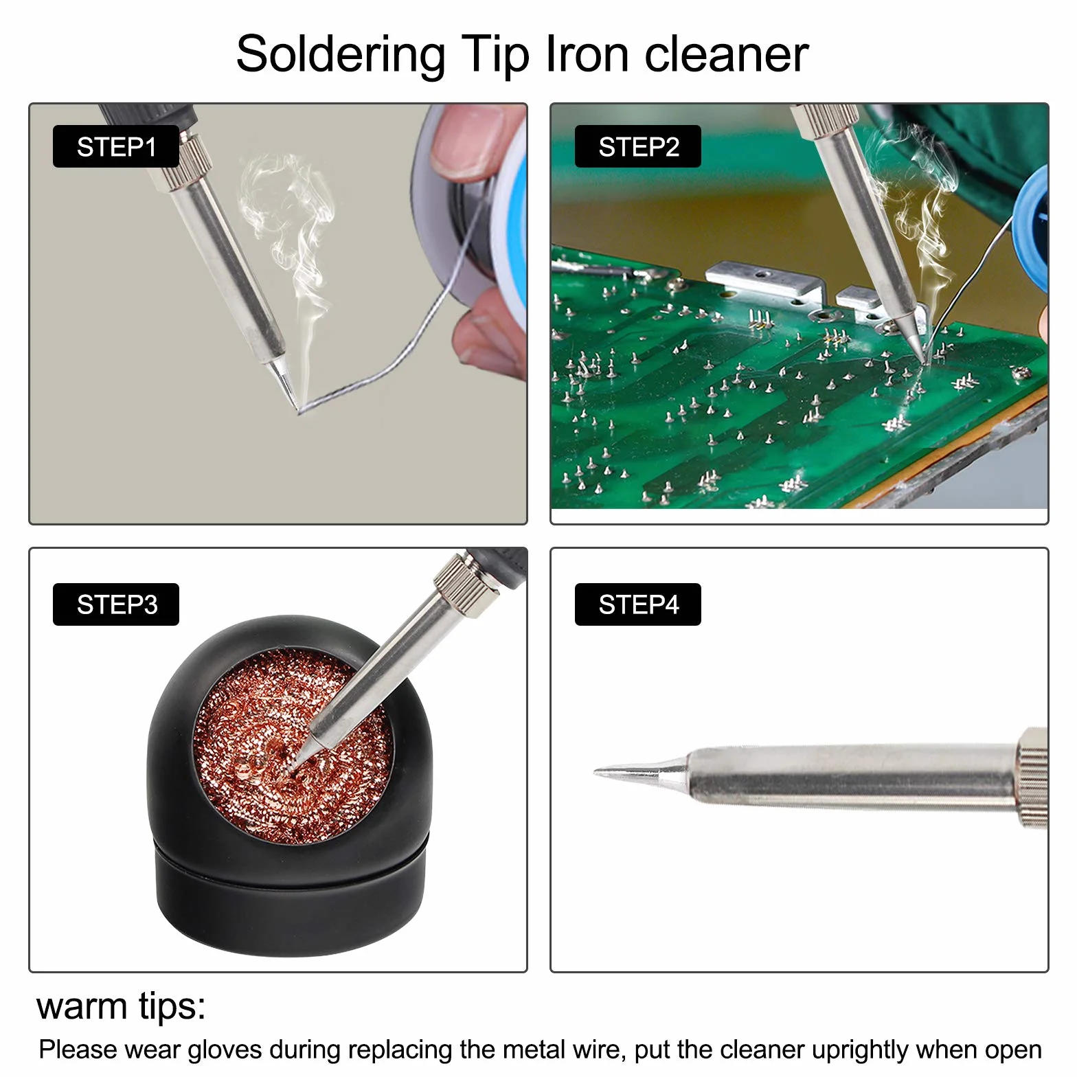 Lötspitzenreiniger Lötkolben-Spitze Reiniger und Halter, Weich Gewickelte Messing-Spitzenreiniger-Kit Reinigungsdraht Scrubber Reiniger (4 Messingkugeln, Schwarz)