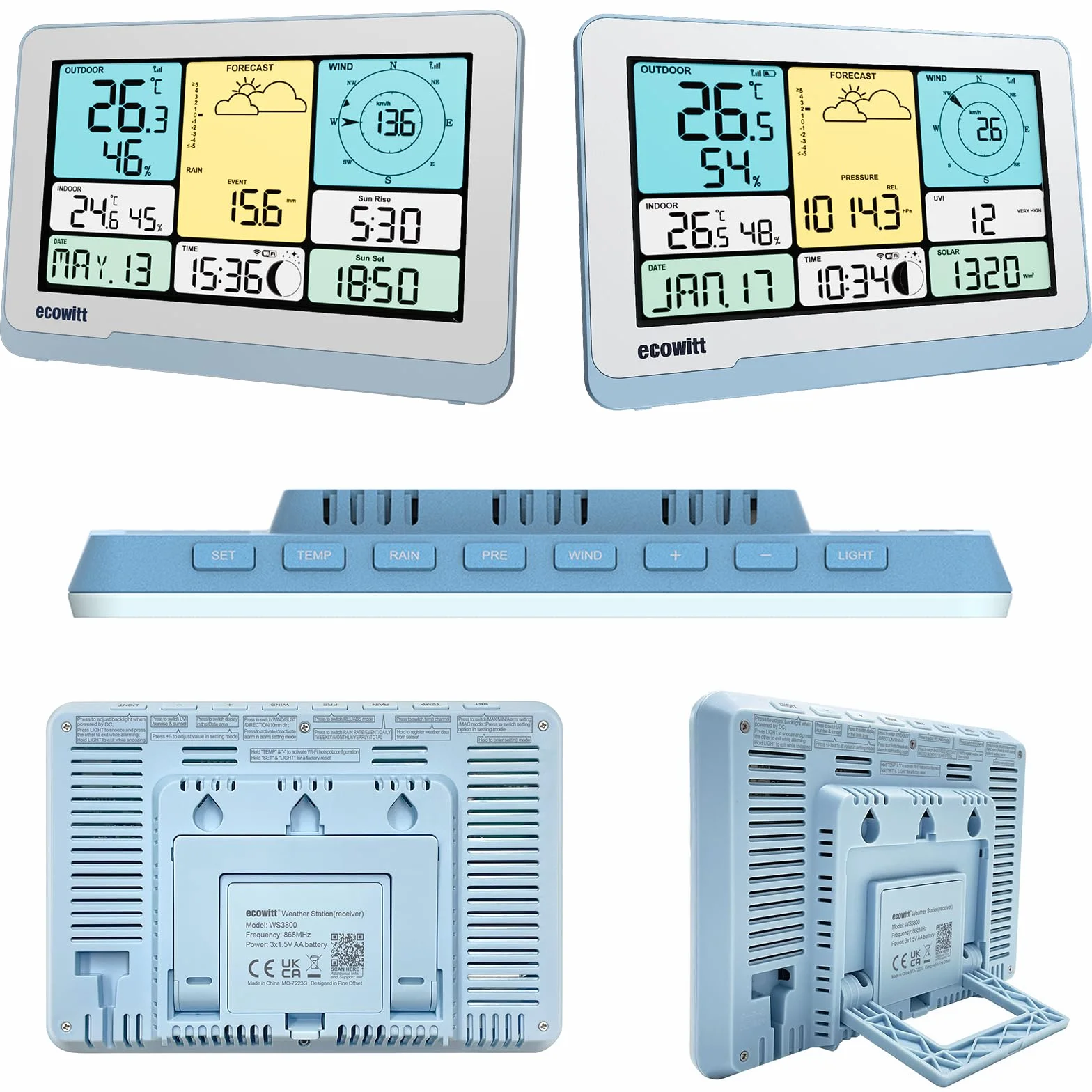 ECOWITT WS3820_C konsola do stacji pogodowej, 7,5" kolorowy wyświetlacz LCD w domu, zintegrowane czujniki wewnętrzne 3 w 1, para z WS69/WS90/WS85, inteligentne sterowanie łącznością IoT