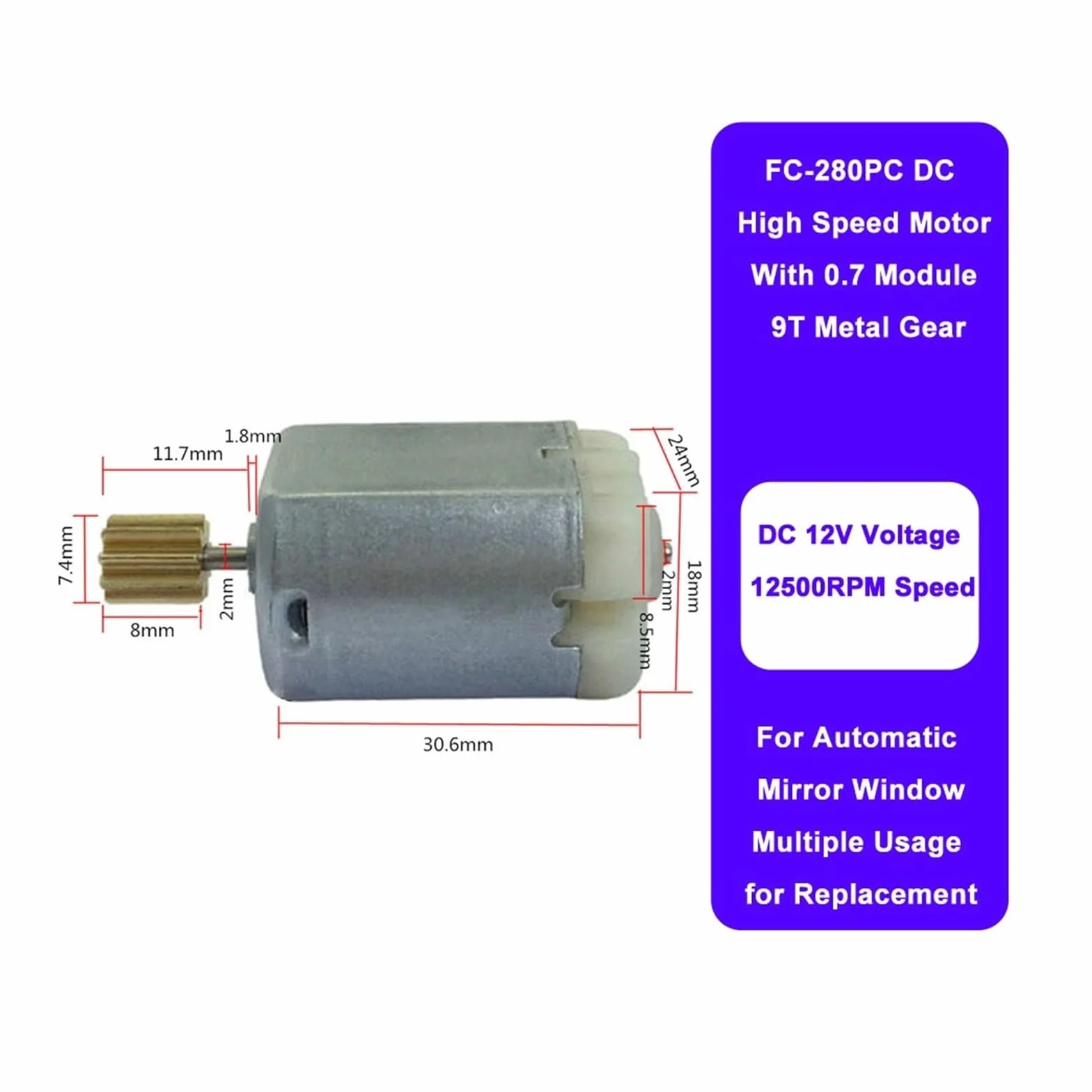 FC-280PC 22125 Szczotkowy silnik elektryczny Silnik zamka drzwi samochodu z przekładnią 0,7 9T