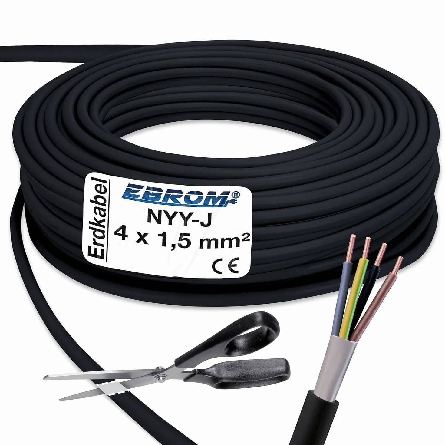 Kabel ziemny NYY-J 4 x 1,5 mm² (mm2), towar sprzedawany na metry z dokładnością do jednego metra: kabel zasilający z PCW czarny – bezpłatna wysyłka – wybór w odstępach 1 metra – przykład: 20 m – 25 m – 35 m – 50 m itd.