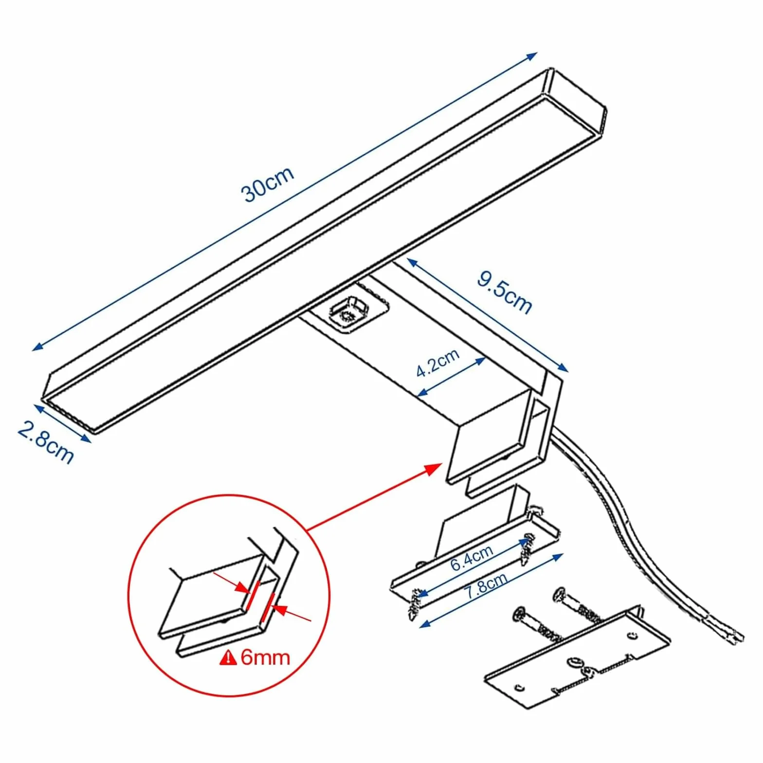 DEELUX Lampa LED na lustro z przełącznikiem, 30 cm, 500 lm, 5 W, lampa łazienkowa 4000 K, neutralna biel, 230 V, lampa łazienkowa 230 V, do łazienki, wodoszczelna IP44