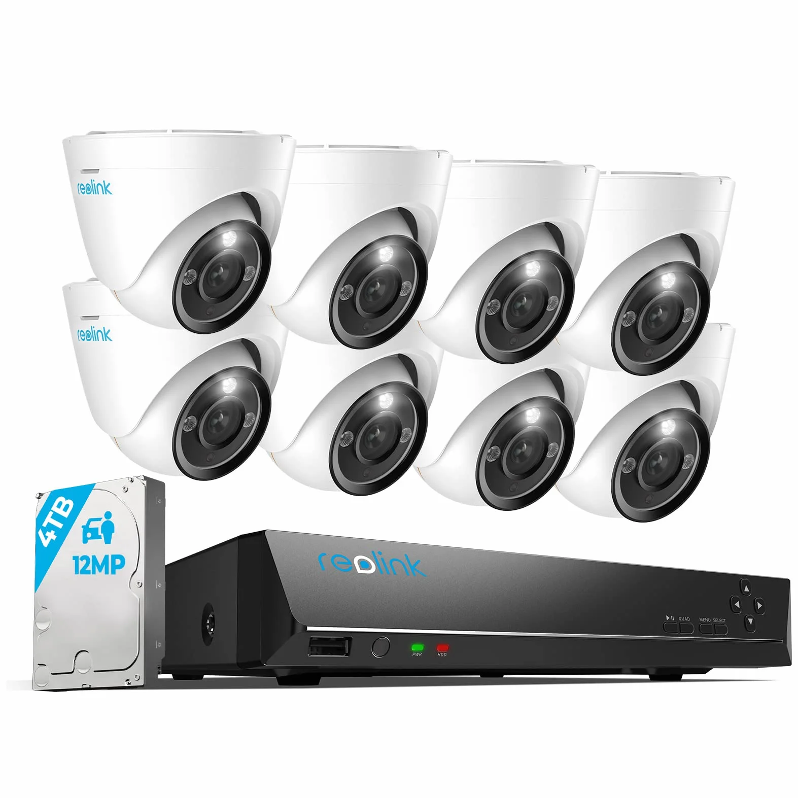 Reolink 12MP System kamer zewnętrznych PoE, H.265 16CH NVR, rejestracja ciągła 4TB HDD, Kamery bezpieczeństwa 8X Dome IP z detekcją osób/pojazdów, 2-kierunkową komunikacją, światłem, RLK16-1200D8-A