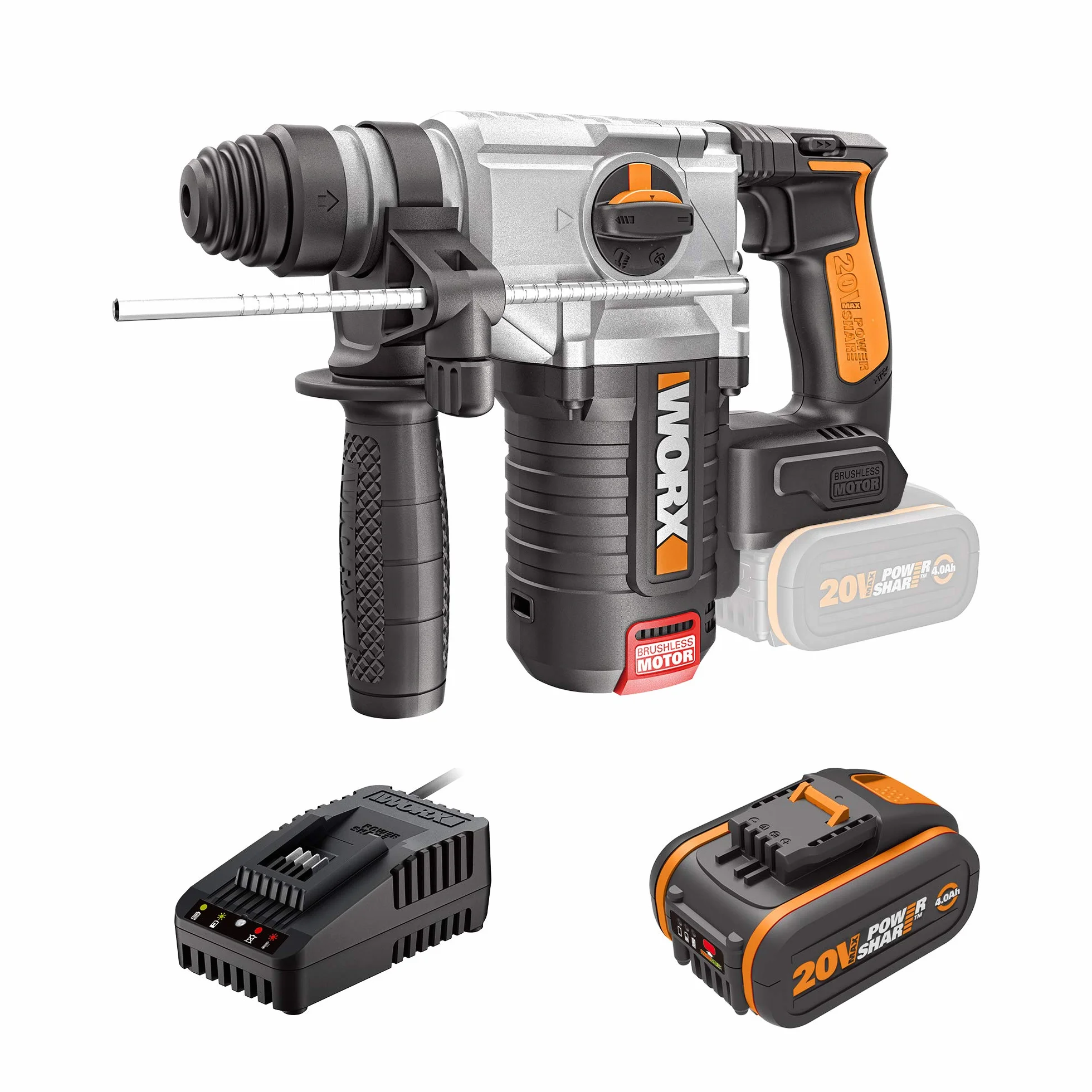 WORX 18 V (20 V MAX) WX380.1 akumulatorowy młot udarowo-obrotowy, Powershare, 4,0 Ah, silnik bezszczotkowy, technologia antywibracyjna