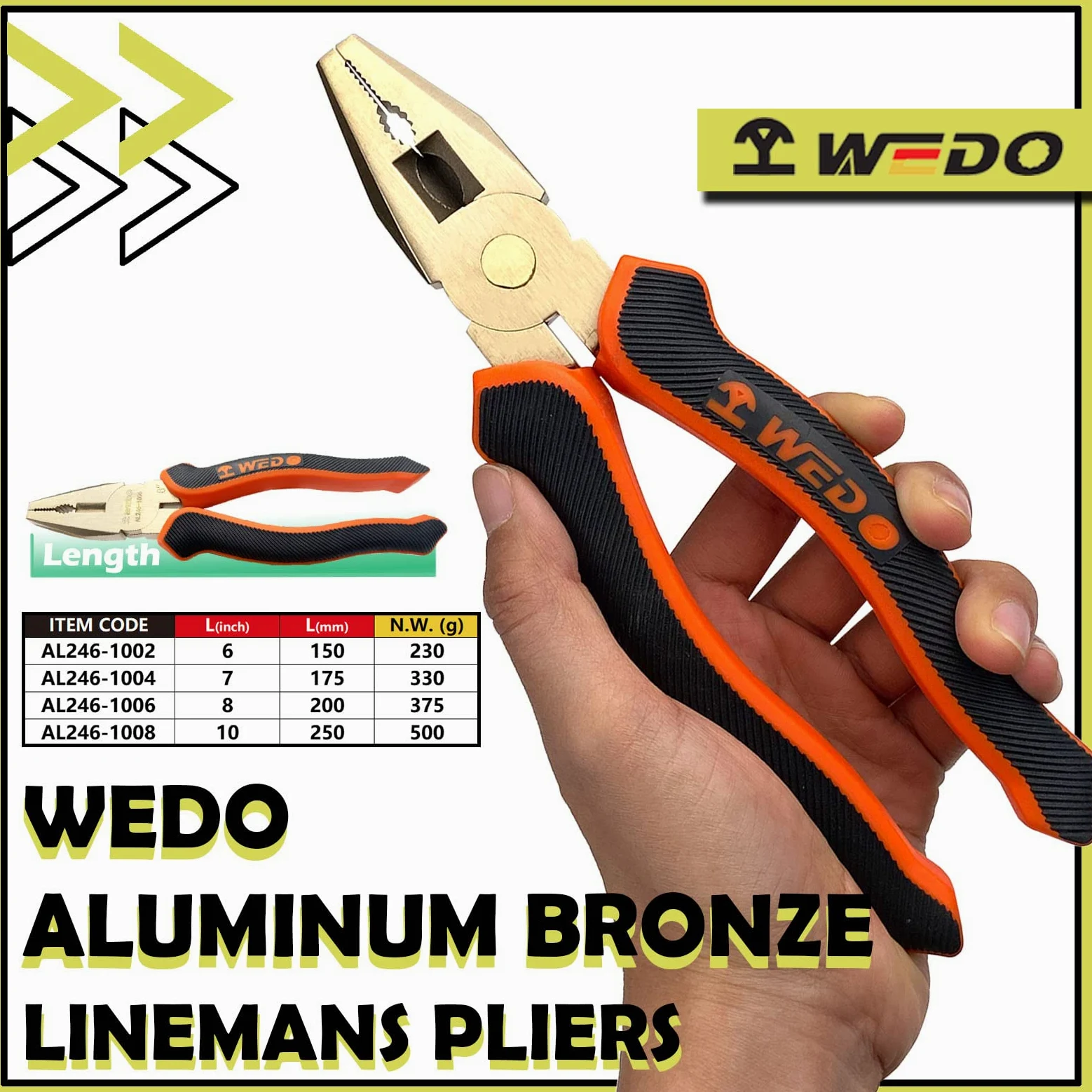 WEDO Nieiskrzące szczypce liniowe 17,8 cm, beziskrzące szczypce do cięcia bocznego, szczypce kombinowane, ściągacze drutu, zaciskarka, standard DIN, certyfikat BAM i FM, brąz aluminiowy