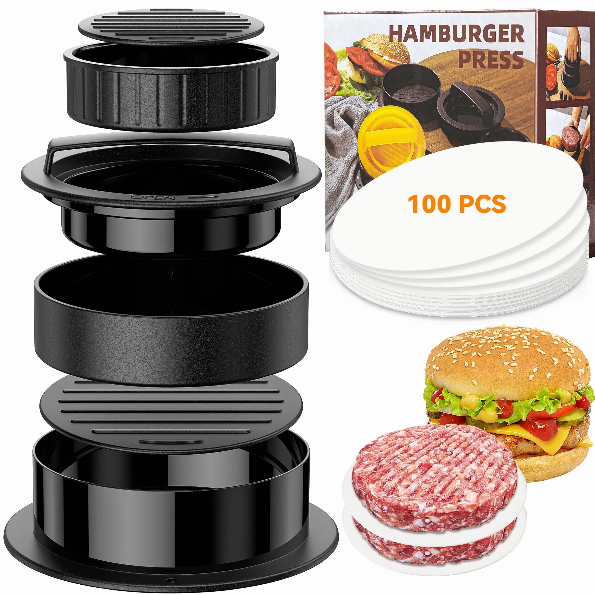 HOOMIL 3 w 1 - Profesjonalna prasa do hamburgerów z 100 arkuszami nieprzywierającego papieru do hamburgerów do pysznych hamburgerów, łodygi - czarna