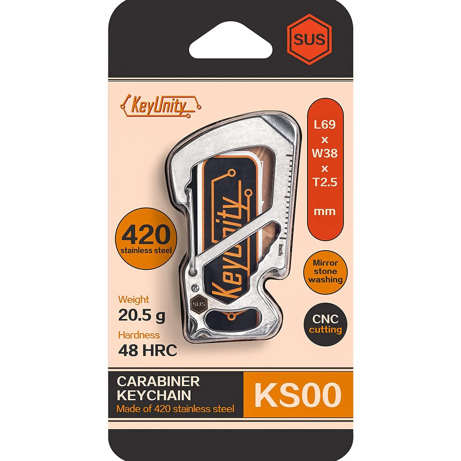 KeyUnity KS00 breloczek do kluczy, karabińczyk, stal nierdzewna, narzędzie wielofunkcyjne, 7 w 1, szybkie zamknięcie, klucz, śrubokręt, otwieracz do butelek, linijka, KS00