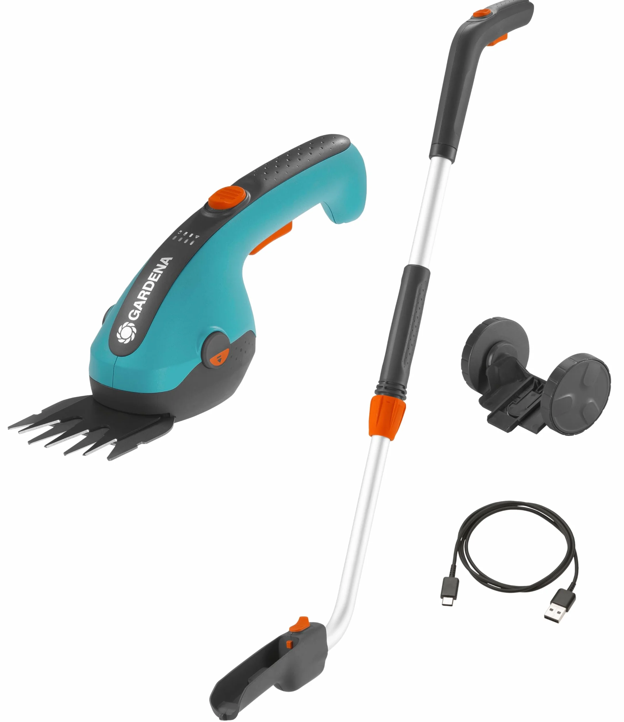 Gardena zestaw akumulatorowych nożyc do trawy ClassicCut Li: Nożyce do kraw. trawników z szer. cięcia 8 cm i telesk. drążkiem z kółkami, uchwyt ze wskaź. ład. LED, zmiana noży b. narz. (9886-20)