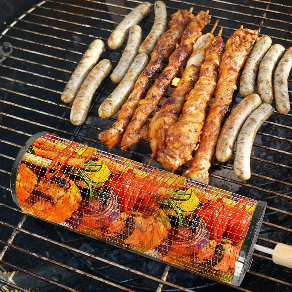 flintronic Koszyk do grilla z rolkami staliwadrowy ruszt do grillowania przenośny kempingowy okrągły akcesoria