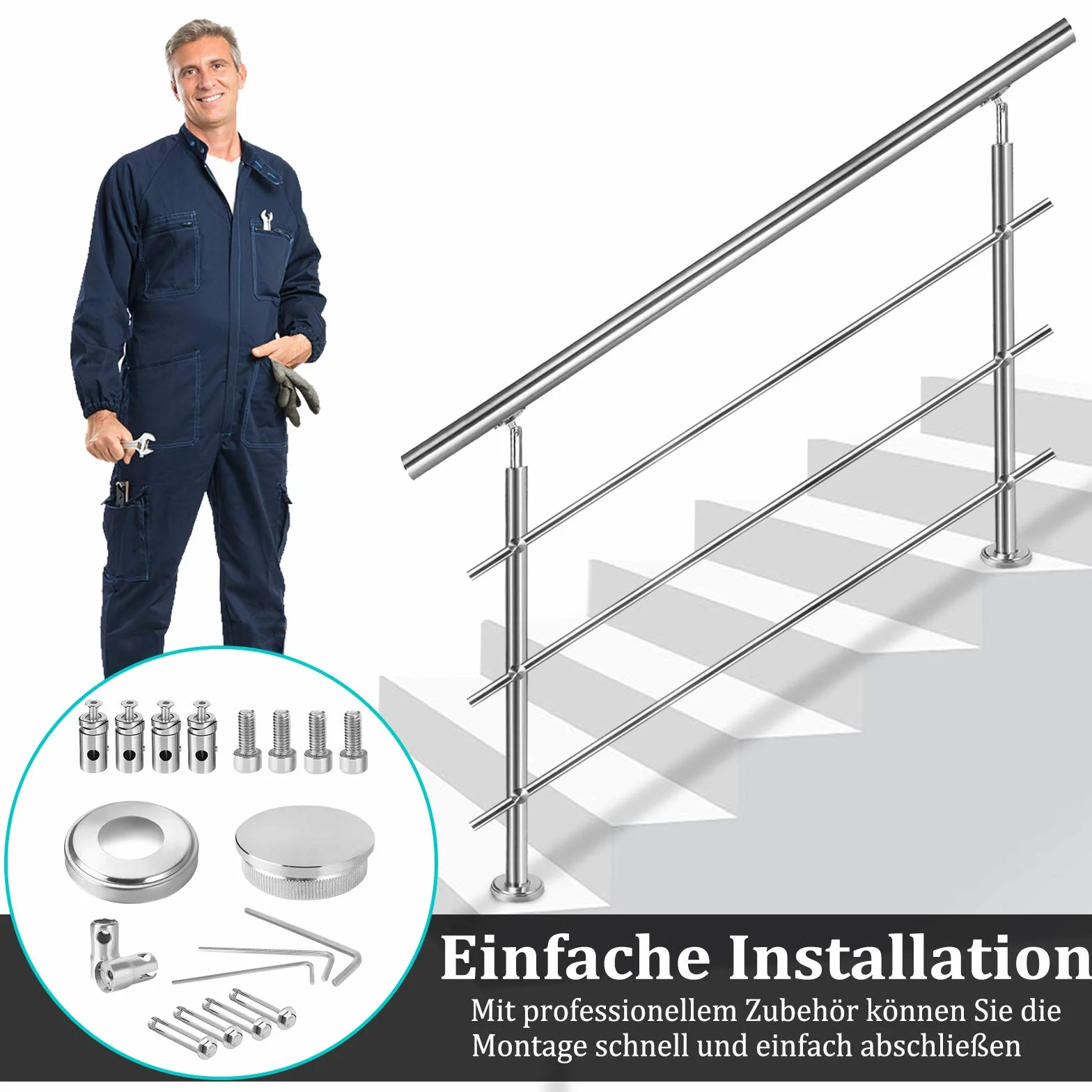 Aufun Poręcz ze stali nierdzewnej, 80 cm, poręcz schodowa do wewnątrz i na zewnątrz, z 2 słupkami, do schodów, balustrady, na balkon (80 cm, 2 poprzeczki)