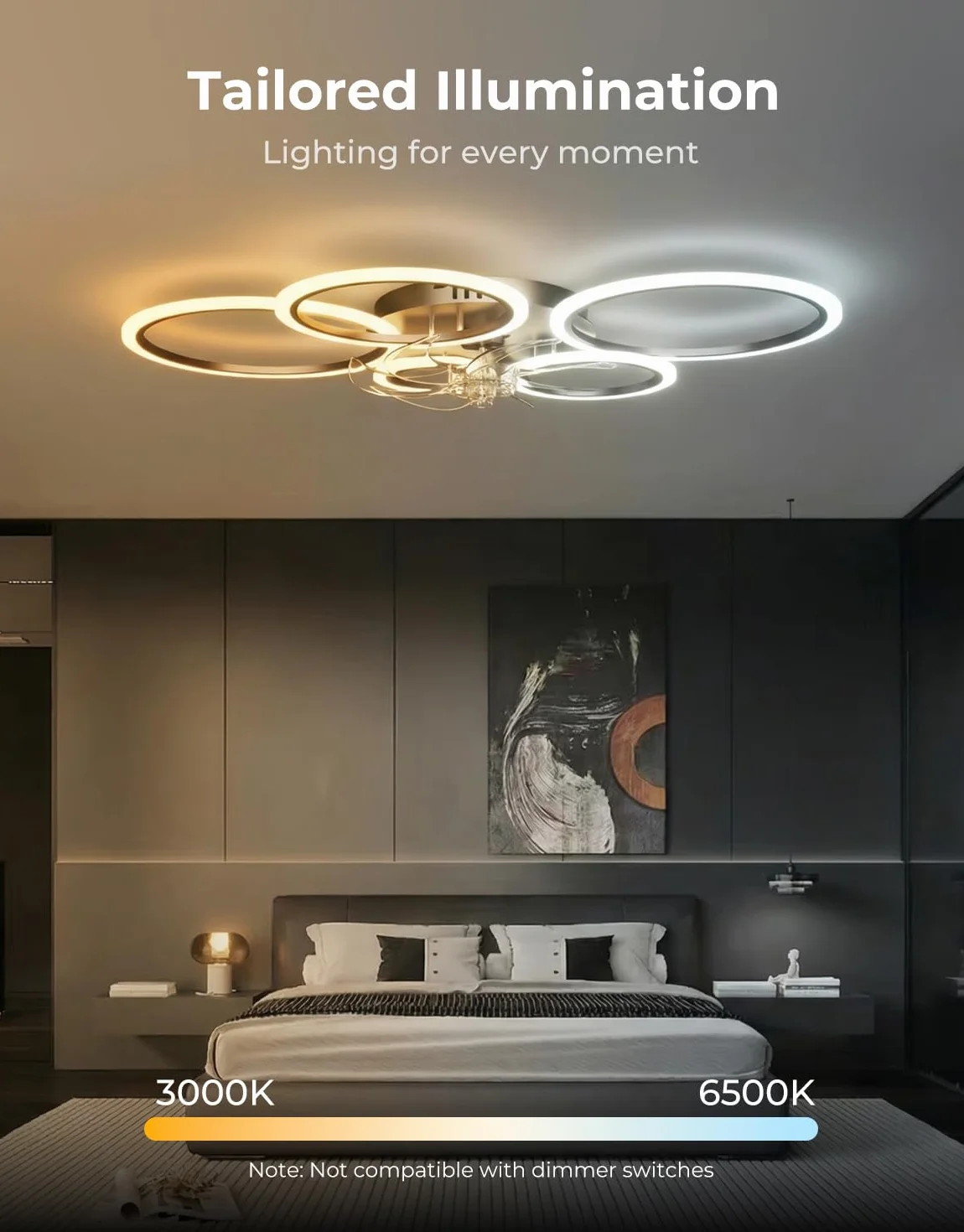 Lampa sufitowa z wentylatorem i pilotem zdalnego sterowania, cicha, ściemniana, 6 stopni, silnik DC, tryb zimowy, nowoczesny wentylator, lampa sufitowa, czarna