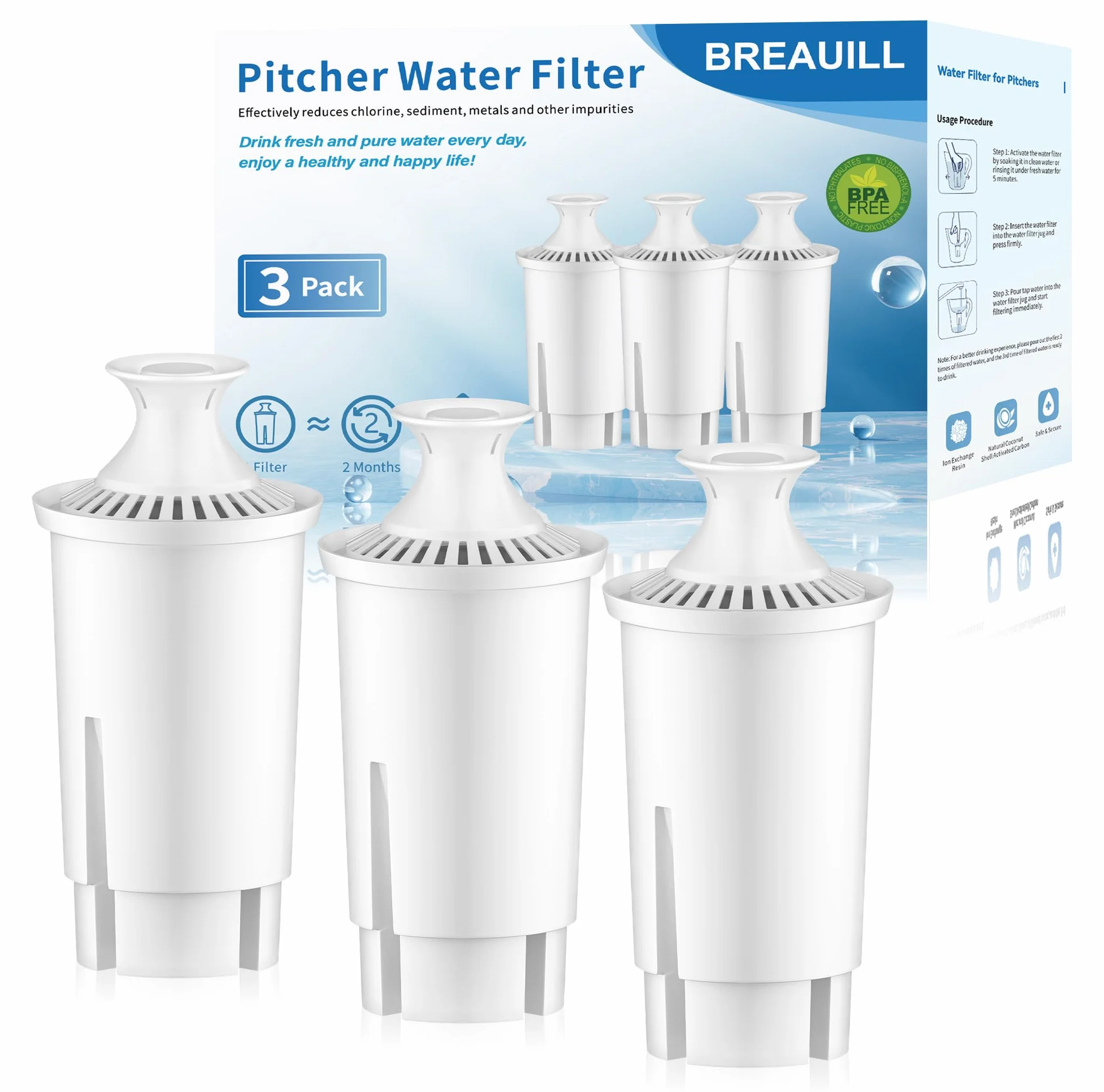 BREAUILL Wymienne filtry do wody, 3 szt. certyfikowanego dzbanka filtra wody do dzbanków Brita®, zamiennik wkładu filtra do wody Brita® Classic 35557, OB03, Mavea® 107007