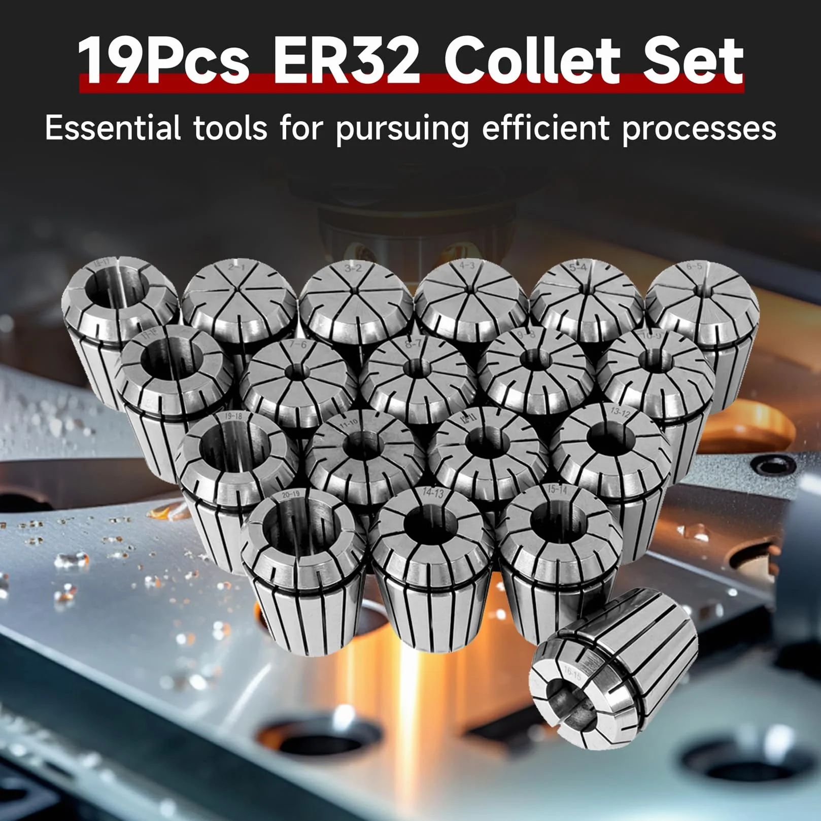 Zestaw tulei zaciskowych ER32 19 szt. Zestaw tulei zaciskowych ER32, zacisk sprężynowy, narzędzie do tokarki grawerującej CNC, 2-20 mm, pasuje do maszyny grawerującej CNC i frezarki tokarskiej
