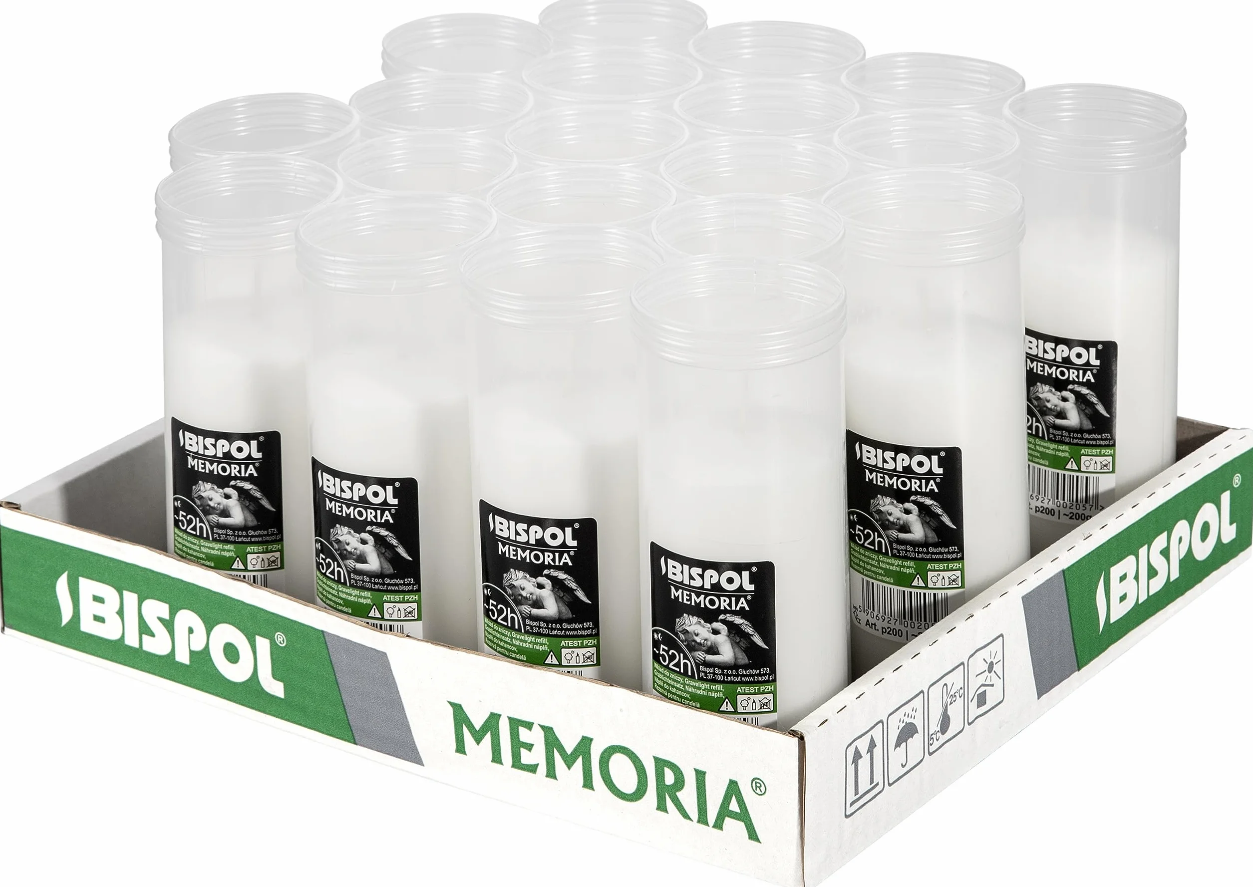 Wkłady do zniczy parafinowe 20szt. Memoria p200 52 godzin palenia śr. 6 cm wysokość 15,5 cm