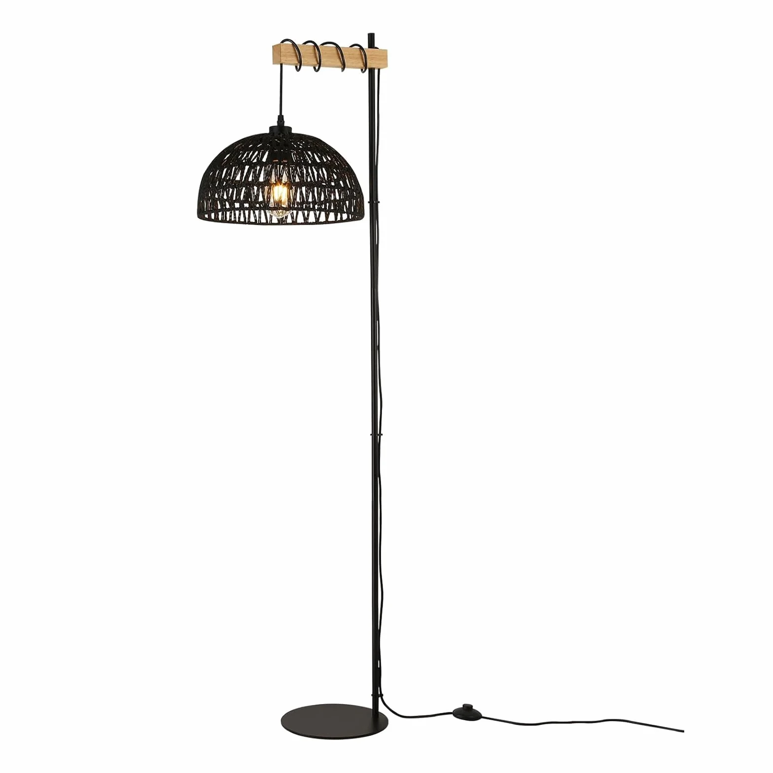 Alpinaluz Lampa Podłogowa E27 Czarny Pleciony Papier Czarna Podstawa 158 cm | Ręcznie wykonany klosz Ø32 cm, styl boho nordycki z wtyczką i przełącznikiem nożnym do salonu, sypialni i czytania
