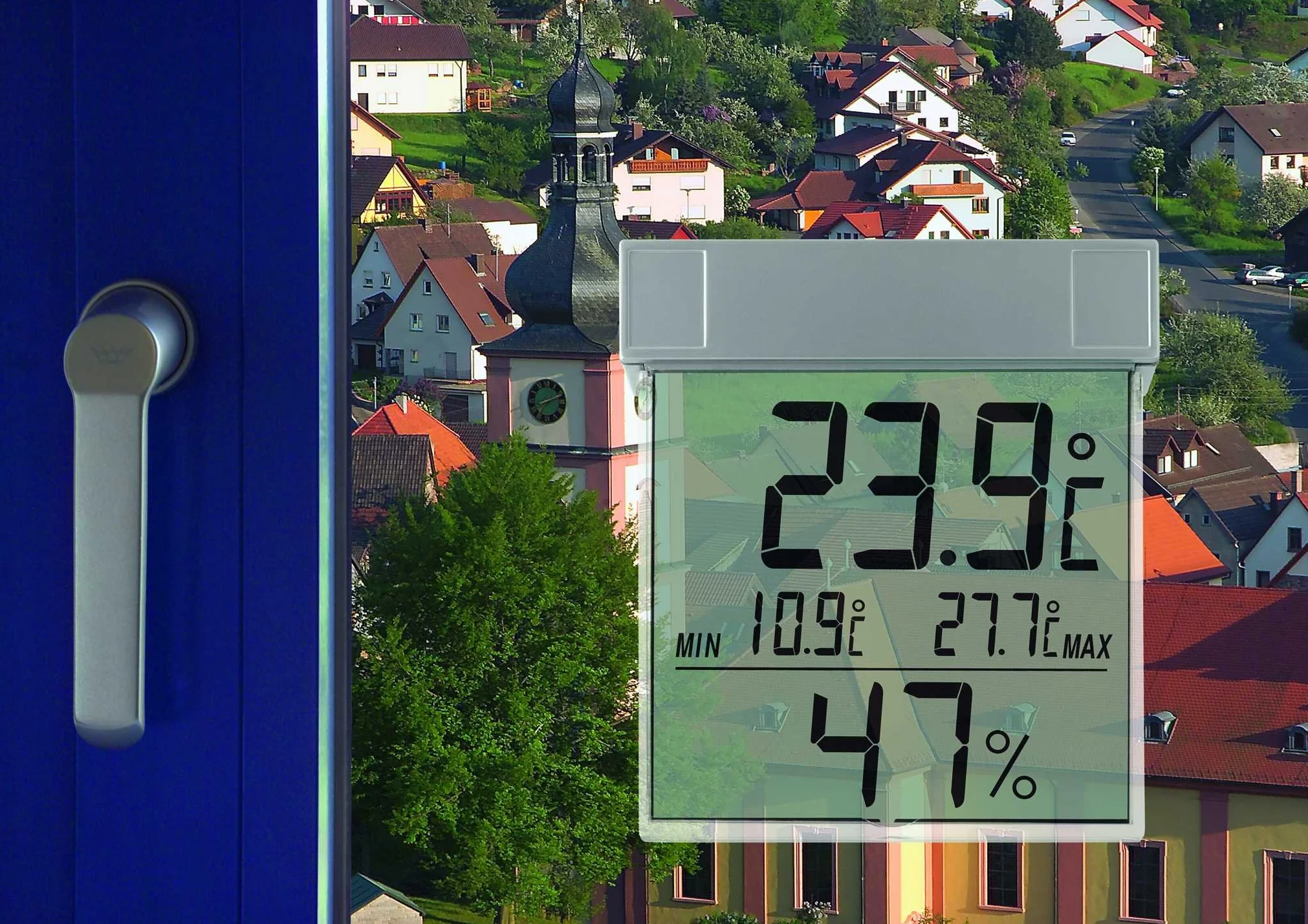 TFA Dostmann Vision 30.5020 cyfrowy termometr okienny, duży wyświetlacz z temperaturą zewnętrzną i wilgotnością powietrza