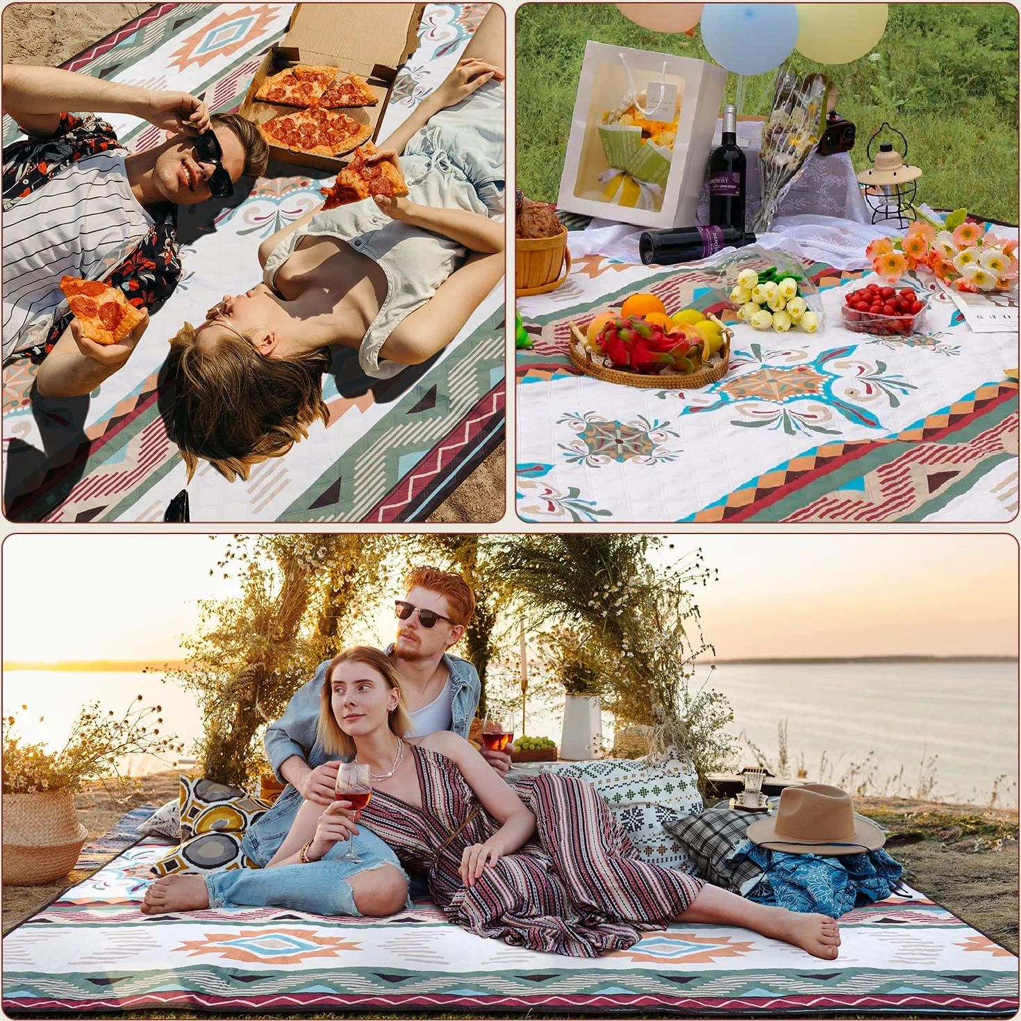 LARUTAN Koc piknikowy w stylu boho, 200 x 200 cm, bez piasku, przenośny, nadaje się do prania, podkładka plażowa, koc piknikowy na suchą plażę, BBQ, piknik, wędrówki, podróże, koc kempingowy, zielony