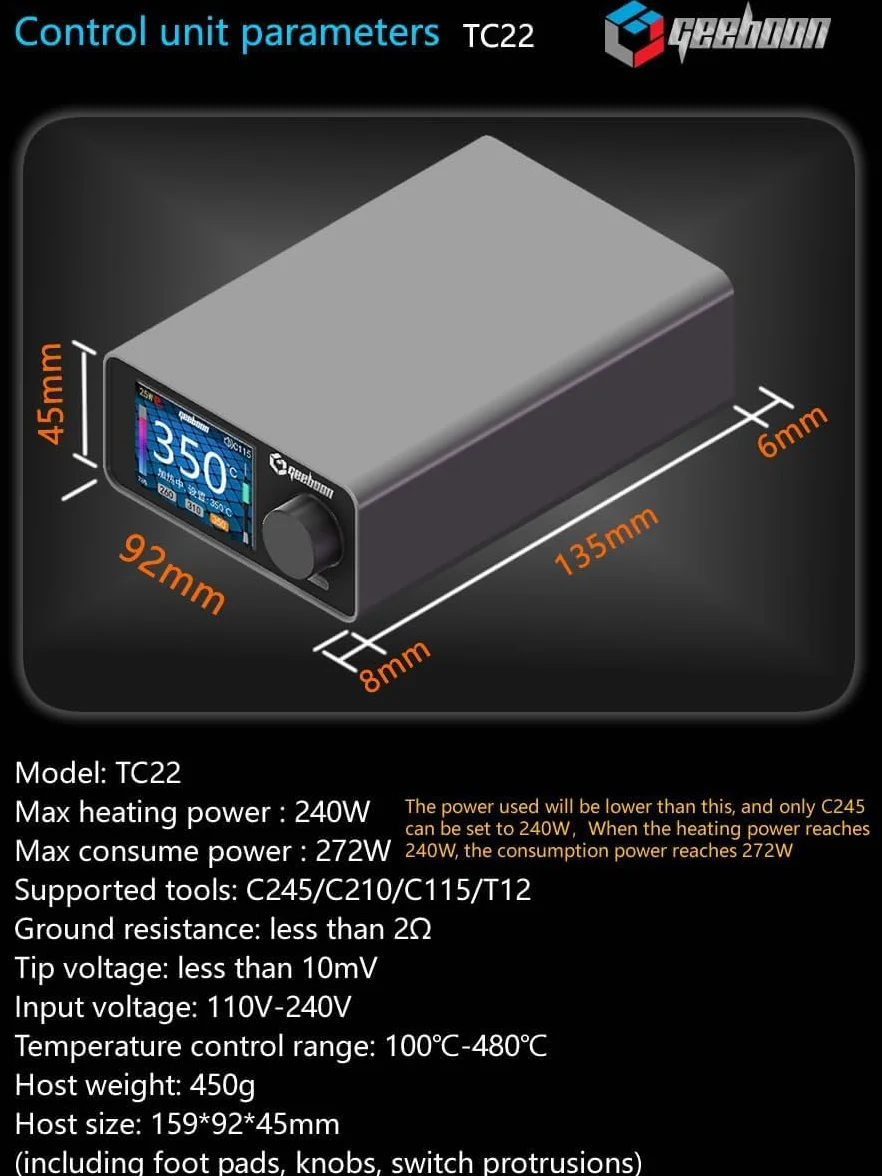 GEEBOON TC22 Zestaw lutownicy, lutownica 220 W, kompatybilna z kolorowym wyświetlaczem krzywej końcówki 115/210/245/T12 (T210, SDC02)