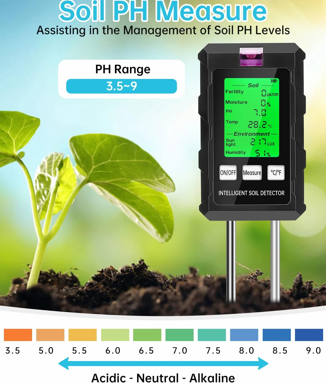 WADEO miernik glebowy 6 w 1 tester pH wilgotności temperatury światła słonecznego składników odżywczych