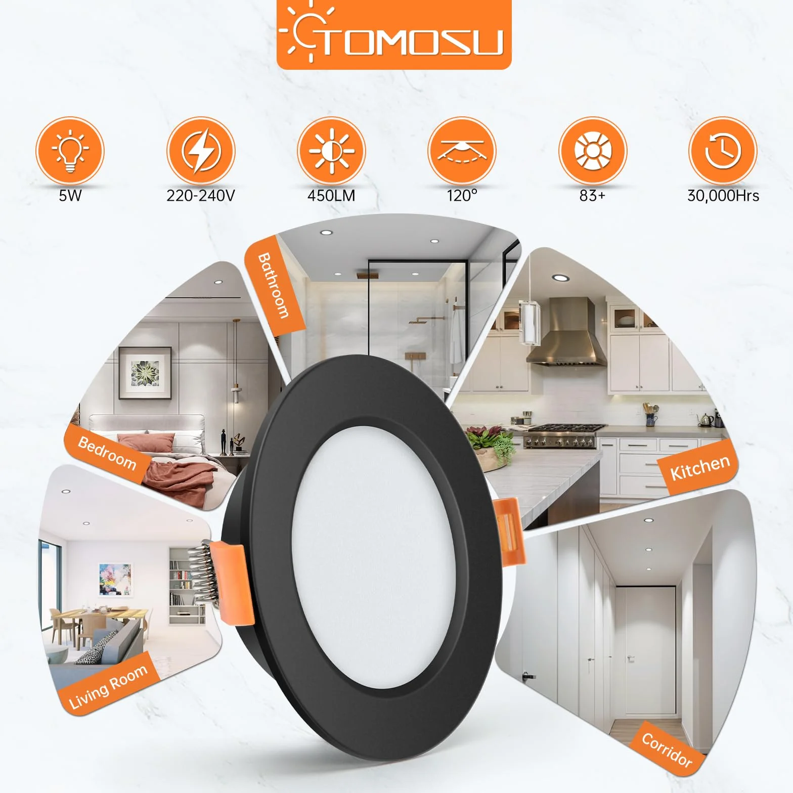 Tomosu Reflektor LED do Zabudowy 230 V, Czarny, 5 W, IP44, Płaski, Okrągły, Ø 75-85 mm, Głębokość 24 mm, 450 lm, Światło Punktowe LED, Neutralna Biel, 4000 K
